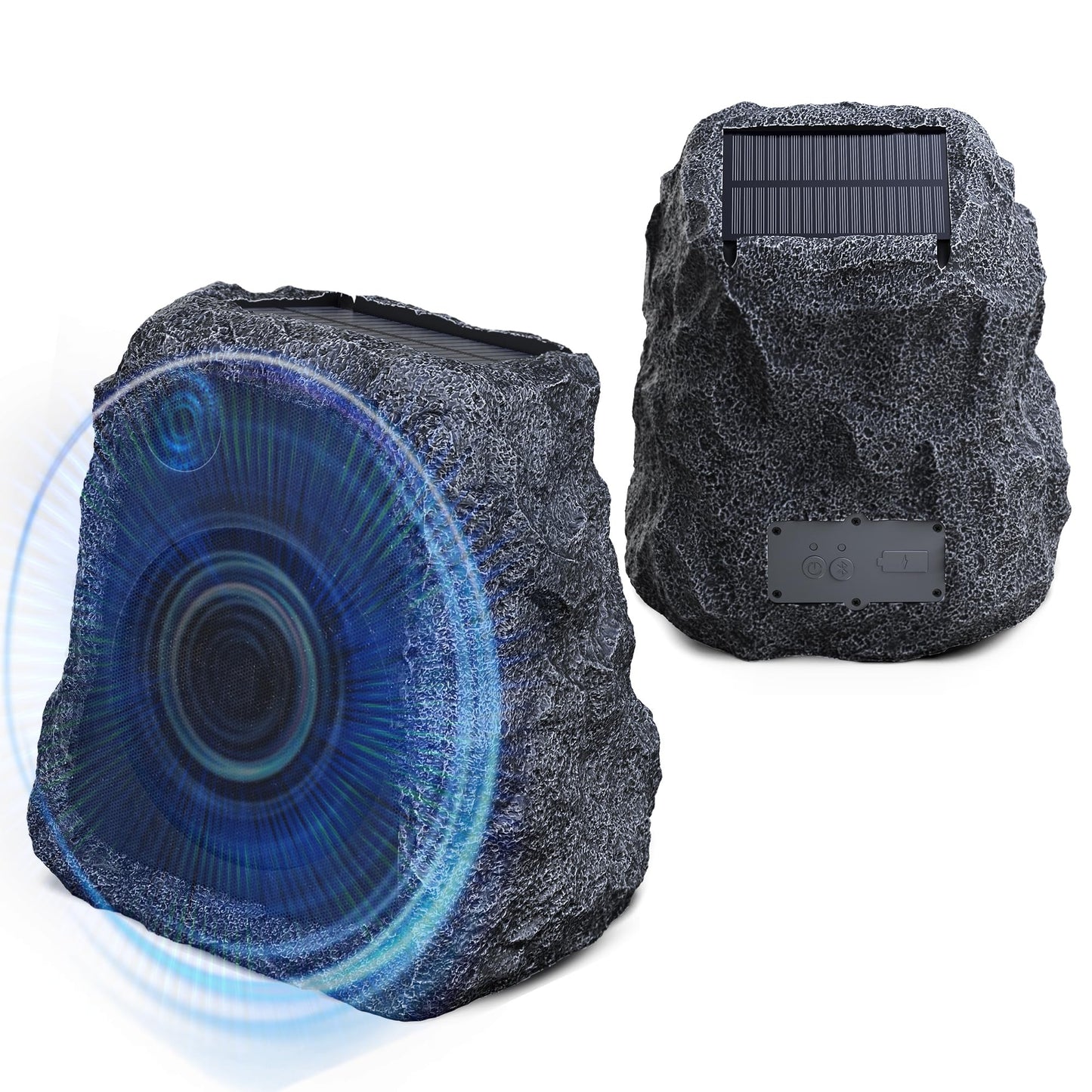 BlitzRock Outdoor Rock Speakers Wireless 80W Power Solar-Powered, 2 Drivers, Auto-Sync and Pair 100+ Speakers, IPX7 Waterproof, 24H Playtime Garden, Patio, Pool, Ideal for Music Entertainers - 2 Pack