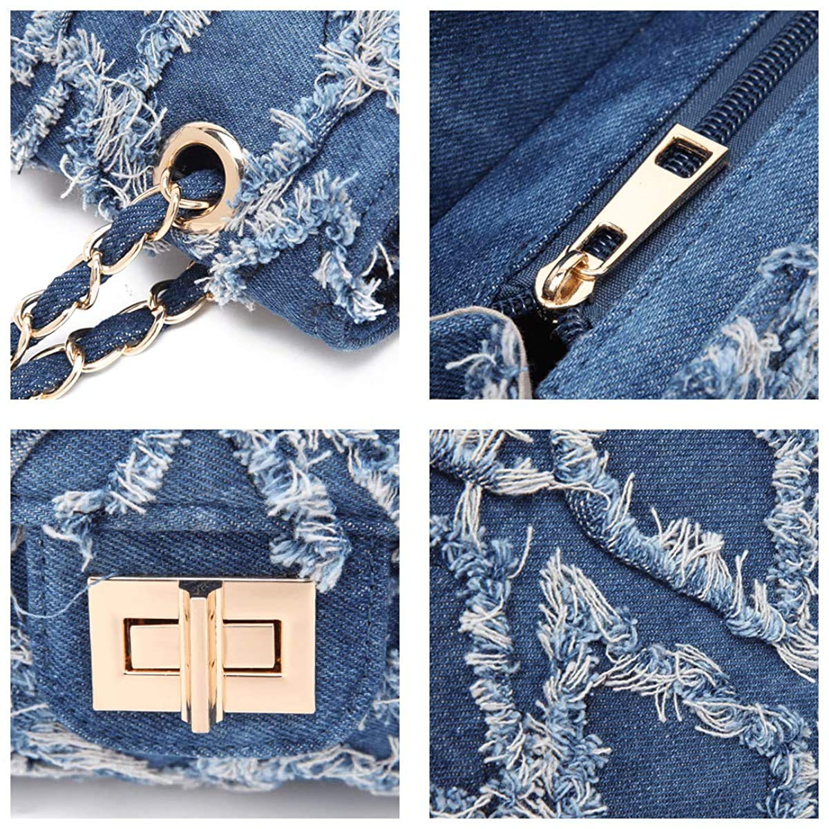 MKP Women Small Shoulder Bags Quilted Crossbody Distressed Jean Denim Purse Evening Bag Clutch Handbag with Chain Strap