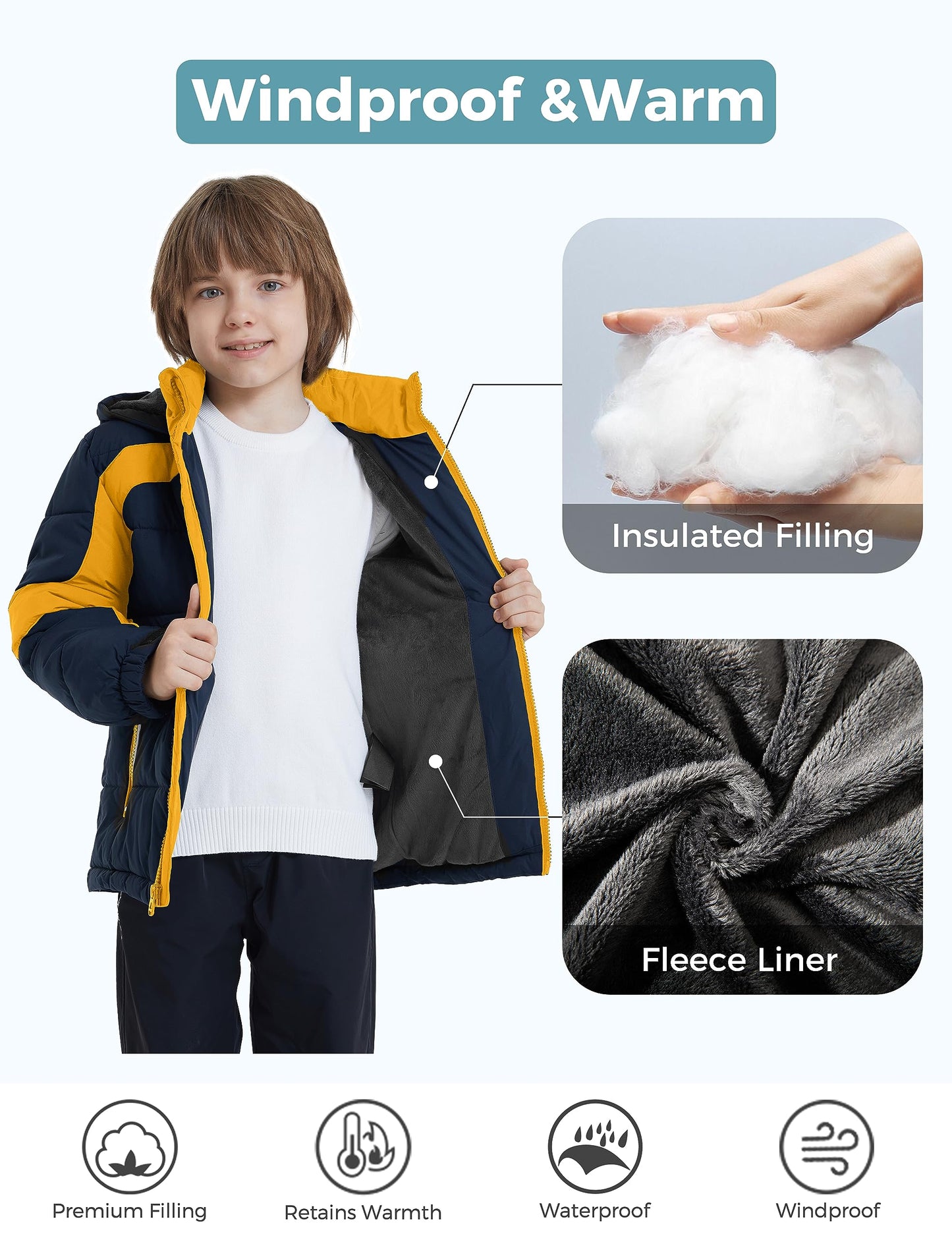 ZSHOW Boys' Hooded Puffer Jacket Fleece Lined Padded Winter Coat(Navy & Yellow,10-12)