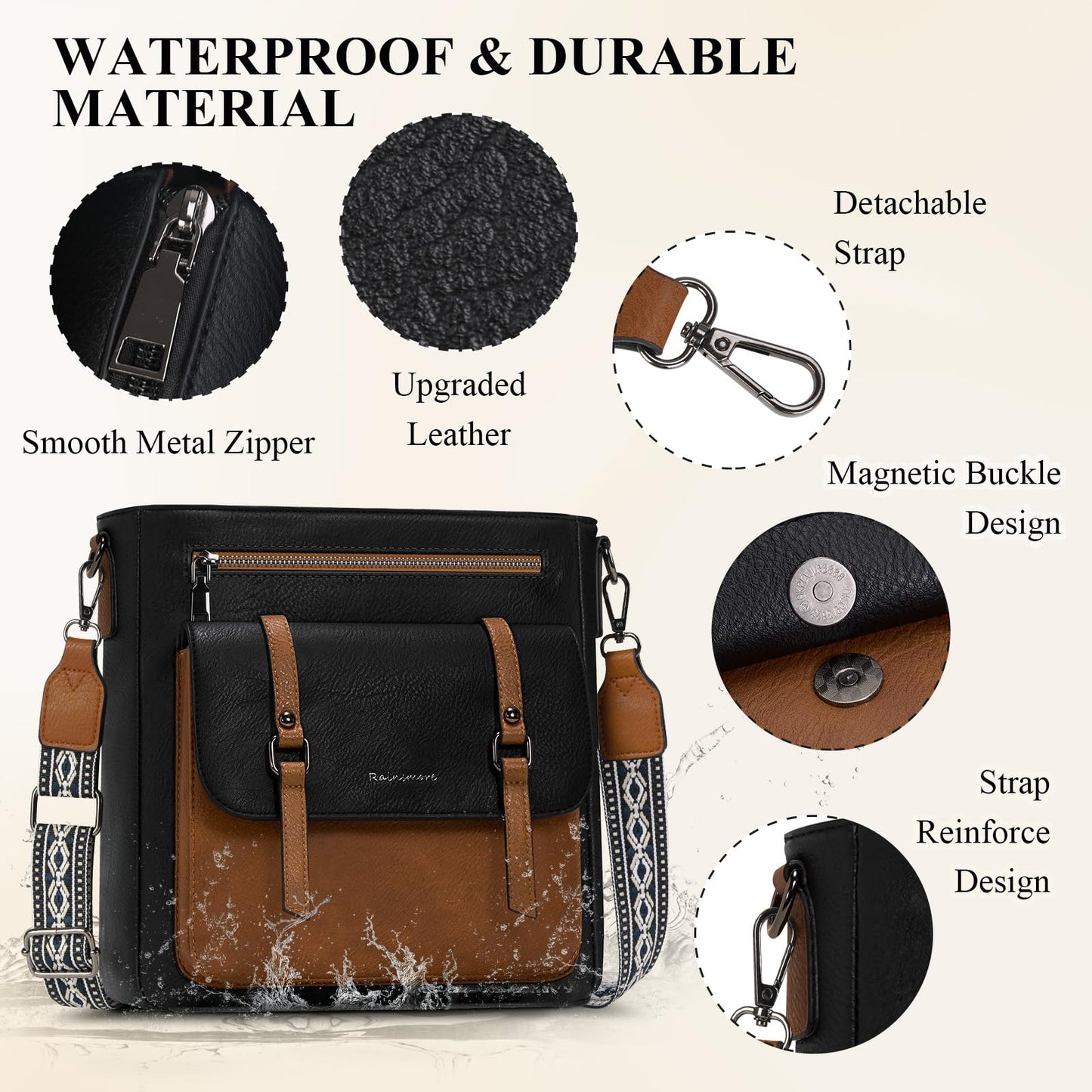RAINSMORE Crossbody Bag for Women, Waterproof Leather Crossbody Purses Lightweight Handbags Shoulder Bag with Adjustable Shoulder Strap, Women's Crossbody Travel Purse