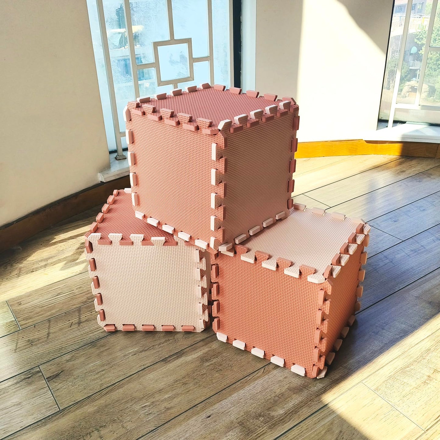 TCBunny Kids Soft EVA Foam Jigsaw Puzzle Play Mat, 18 Interlocking Tiles and Edges Baby Play Mat, for Kids Gym, Nursery, Playroom, Pet Mat, Total Floor Coverage 16 Sq Ft, Pink/Peach