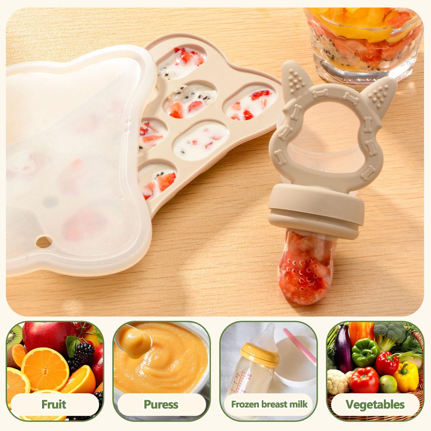 Baby Teething Relief Toys, Fruit/Food Feeder with Breastmilk Popsicle Molds &Teether Combo Food Grade Silicon for 6M+ Breastmilk Pops, Frozen Fruit, Teether Toys Baby Gift