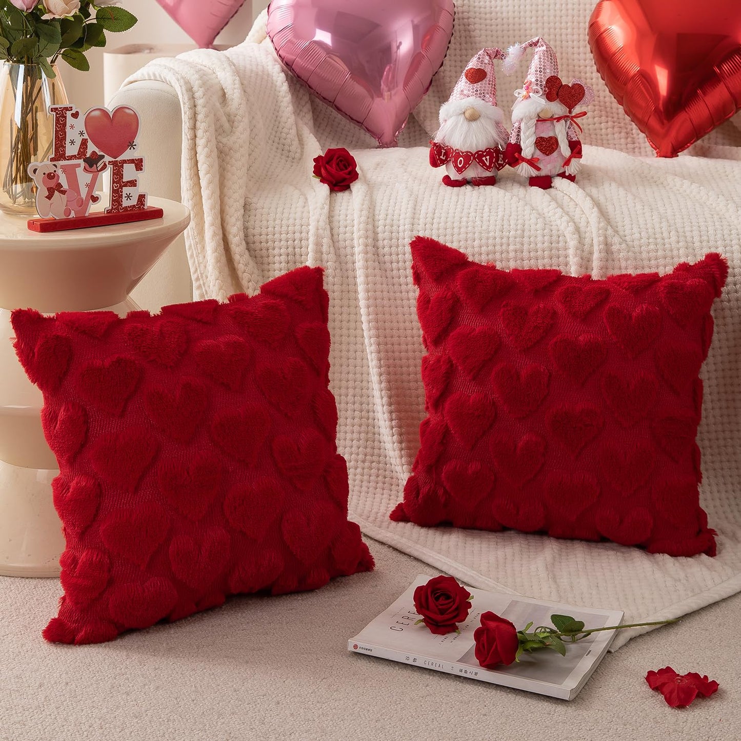DFXSZ Valentines Pillow Covers 18x18 inch Set of 2 Valentines Day Decoration Red Heart Soft Plush Faux Fur Jacquard Throw Pillows for Bedroom Sofa Holiday Festivals Home Decor PTK017A18