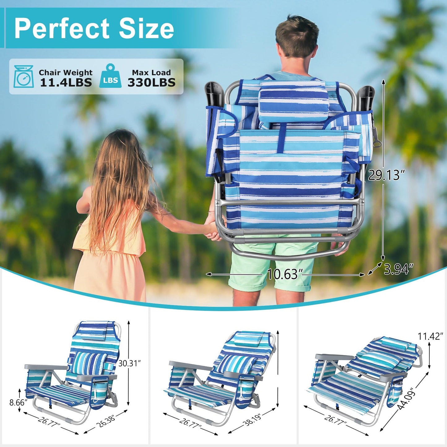 Suteck Beach Chair, Adjustable 5-Position Backpack Beach Chairs for Adults Kids, Foldable Lay Flat Chair with Cooler Bag, Cup Holder and Lumbar Pillow, Reclining Lay Down Chairs for Lawn Outdoor