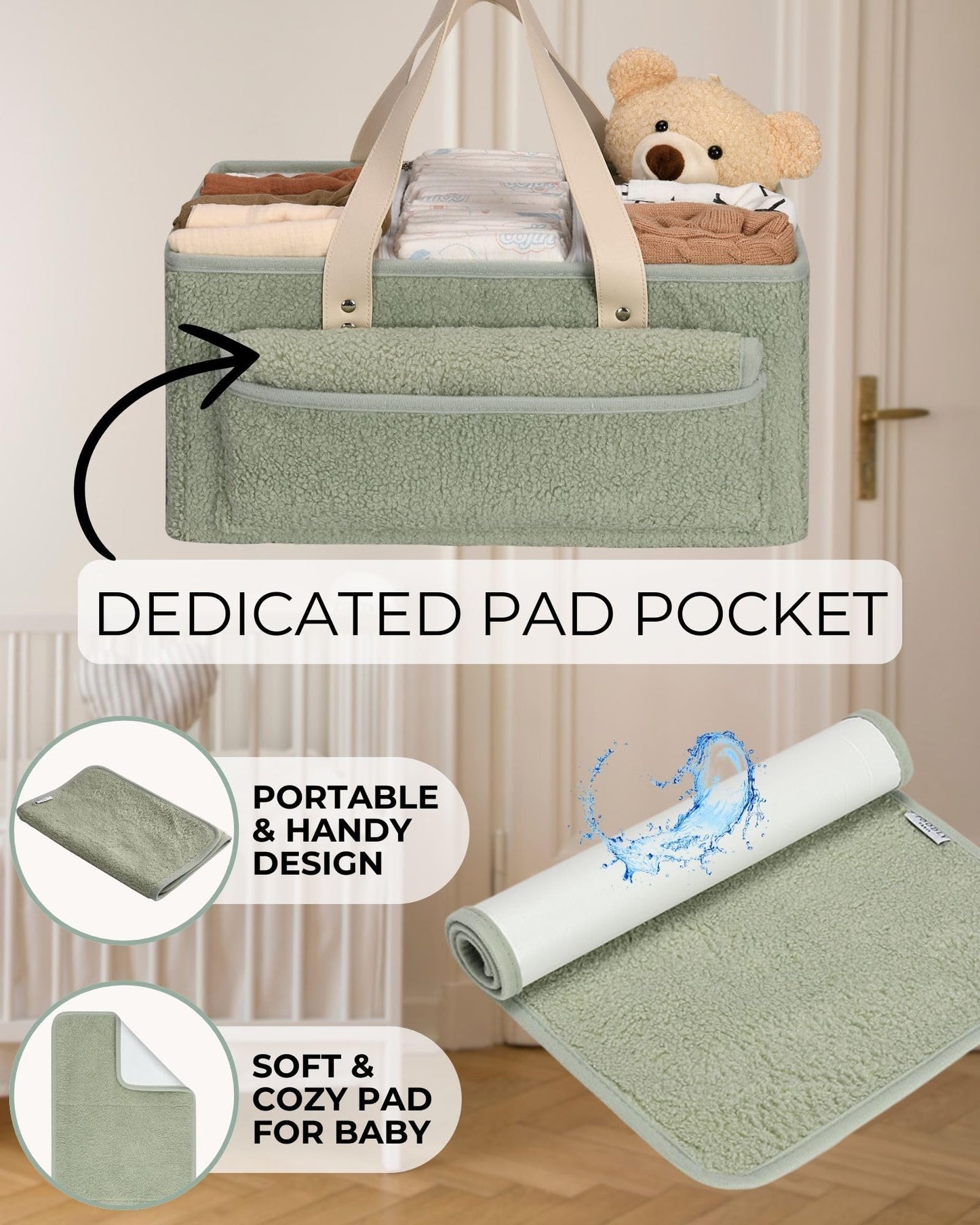 Baby Diaper Caddy Organizer with Portable Changing Mat - Teddy Fleece Diaper Organizer for Changing Table - Baby Basket for Diaper Changing Essentials - Baby Caddy Organizer with Removable Dividers