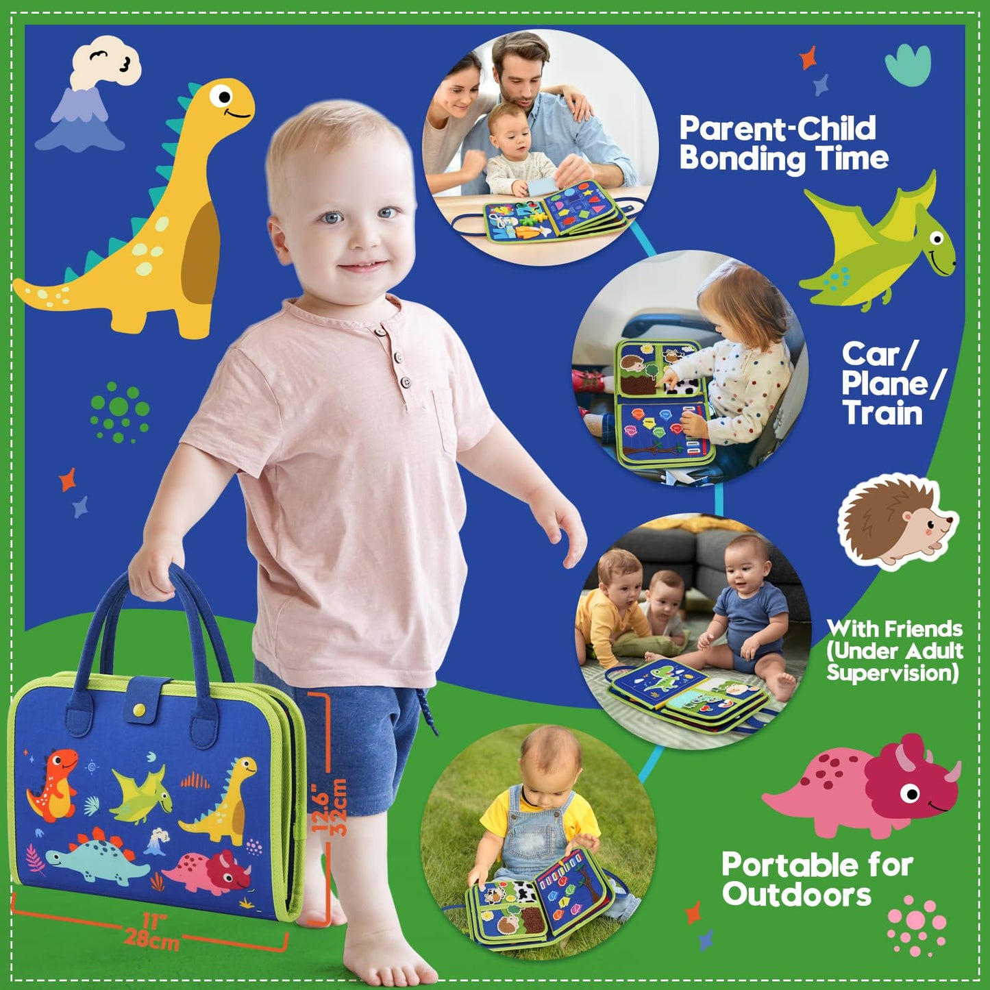 Toddler Sensory Busy Board: Travel Toy Activity Book for Girls Boys, Motor Skill Development Gift for Baby Aged 3-4 Years, Fine Educational Preschool Montessori Learning Toy for Car Airplane Dinosaur