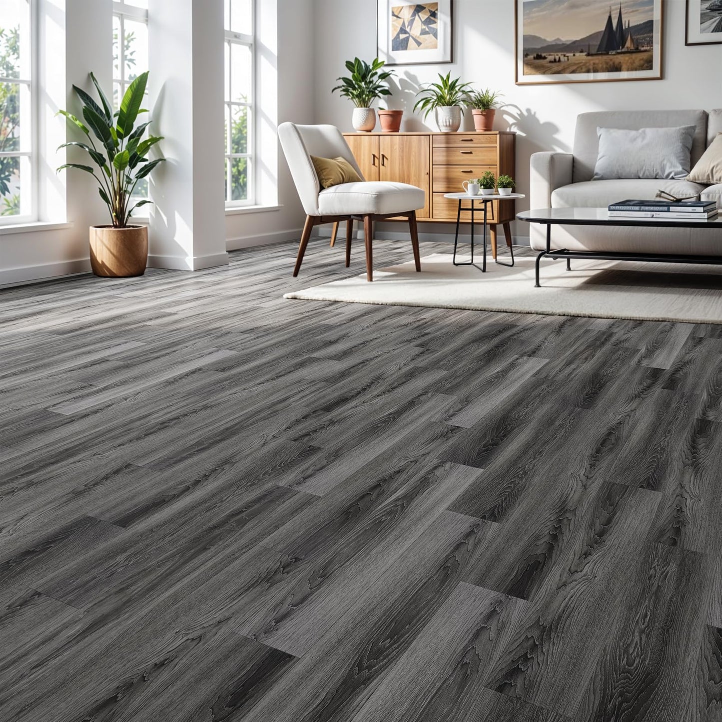 INMOZATA Peel and Stick Floor Tile Vinyl Flooring, Waterproof Vinyl Plank Flooring 36-Pack 54 Sq.Ft Wood Grain Self Adhesive Peel and Stick Flooring for Bedroom, Living Room, Kitchen, RV(Deep Gray)