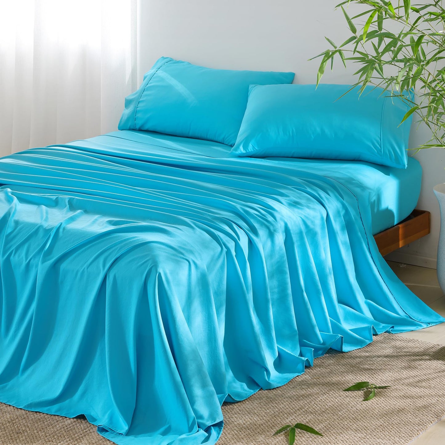 4 Piece Queen Size Sheet - Cooling Bed Sheets Set, Blend Rayon Derived from Bamboo, Breathable Soft Hotel Luxury Bedding & Pillowcases, Silky Fit 16 inch Extra Deep Pocket, Oeko-Tex - Aqua