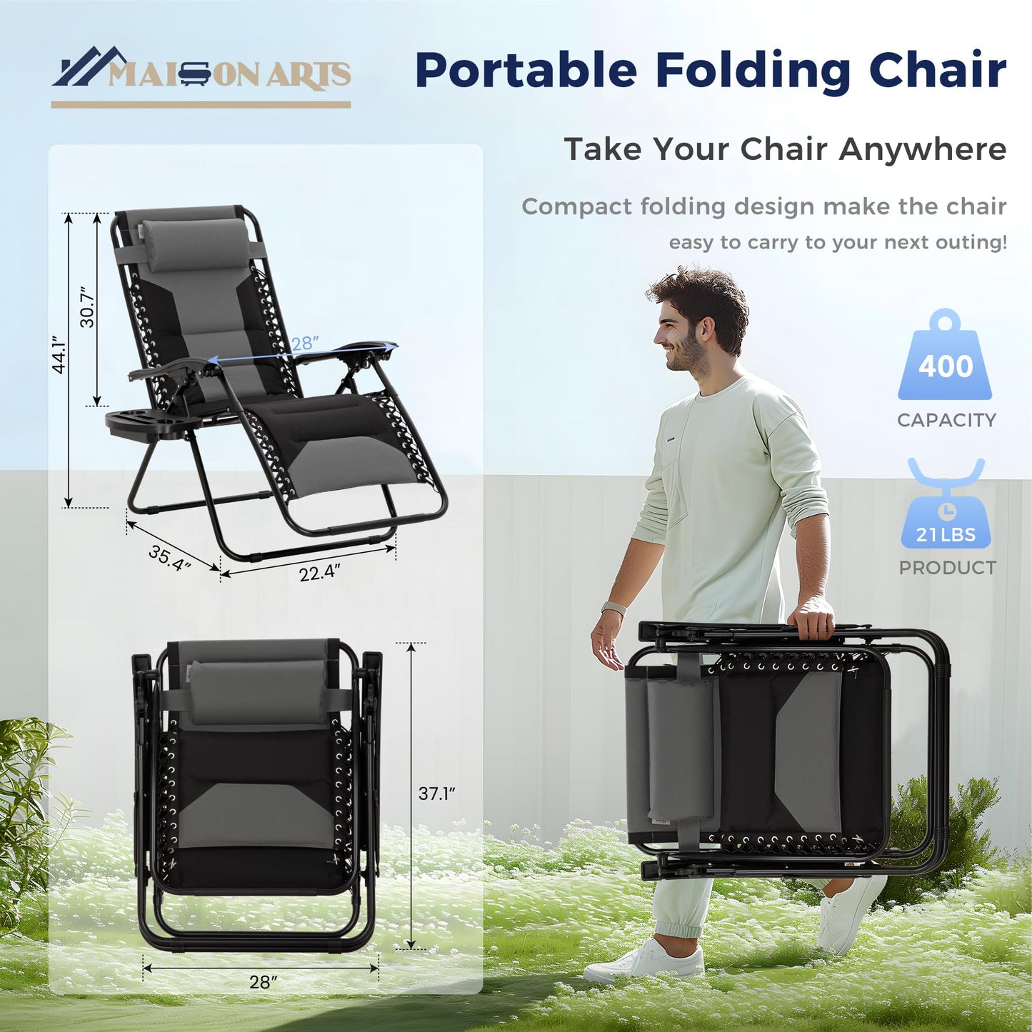 MAISON ARTS Oversized XXL Padded Zero Gravity Chair, Lawn Outdoor Lounge Chairs Set of 2, Foldable Recliners 28" Wide Seat Anti-Gravity for Patio Camping Poolside Yard, Support 400lbs, Grey & Black