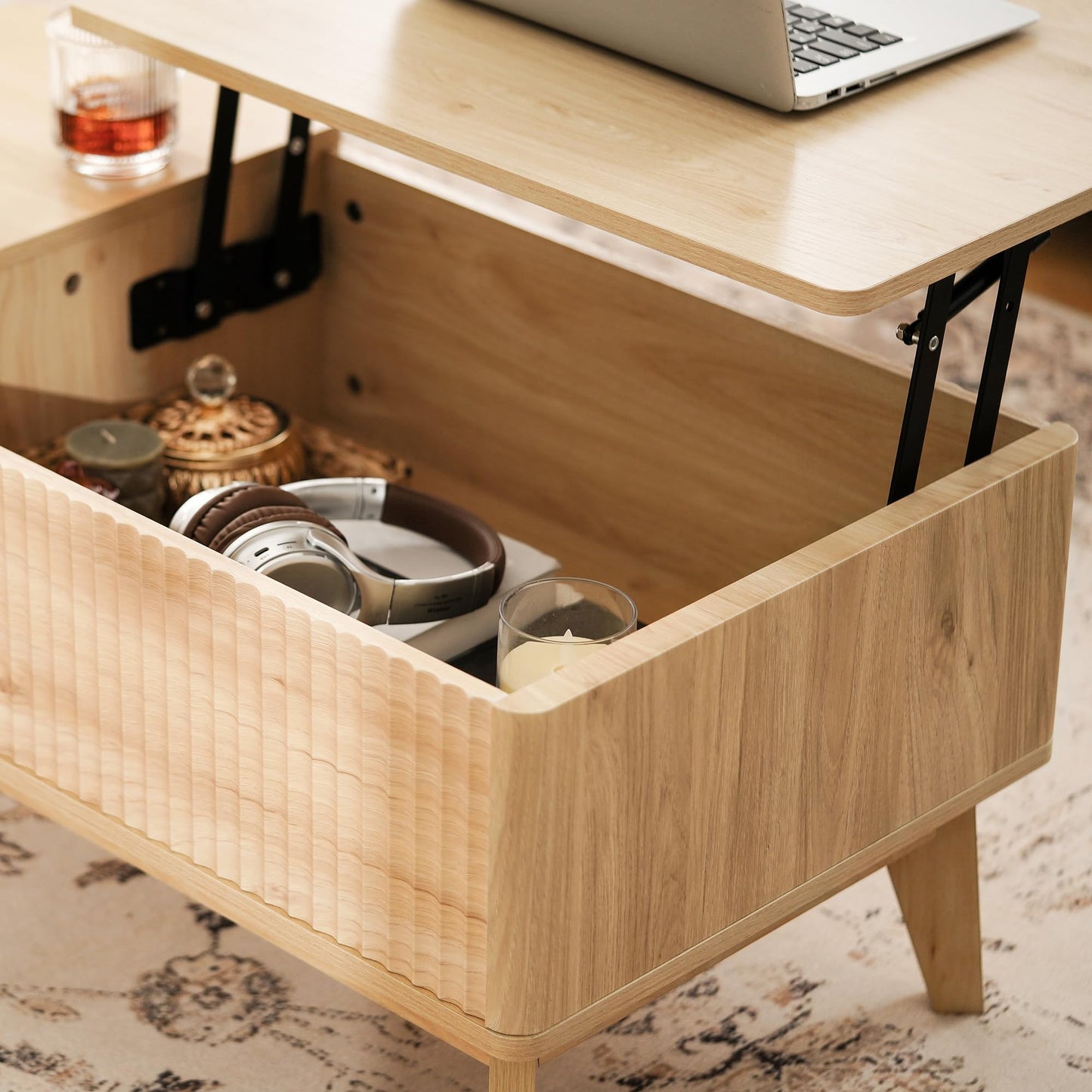 LYNCOHOME Fluted Lift Top Coffee Table with Hidden Compartment, Modern Center Table for Living Room, Home Office, Natural