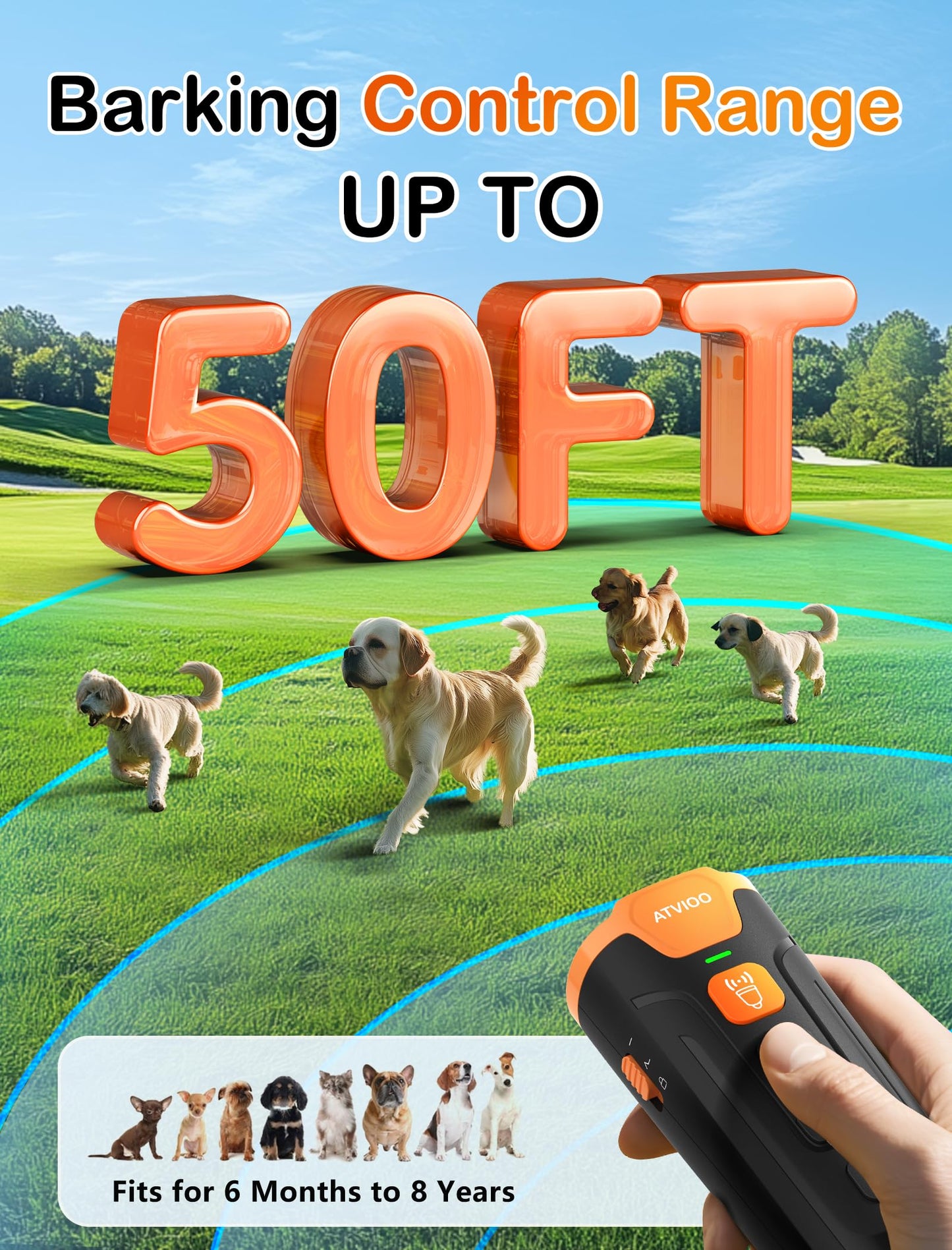 ATVIOO Dog Bark Deterrent Device - Ultrasonic Anti-Barking Devices with 3X Sonic Emitters, Up to 50FT Long Range & Rechargeable Bark Control - Safe for Dogs Training - Indoor & Outdoor (Black)