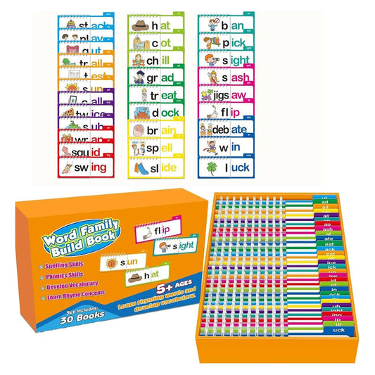 ZREVSB Word Families Learn to Read Flash Cards Set, Phonics and Sight Words with Activity Book, Read and Rhyme Flip Activity Book, Reading Games 30 Pieces