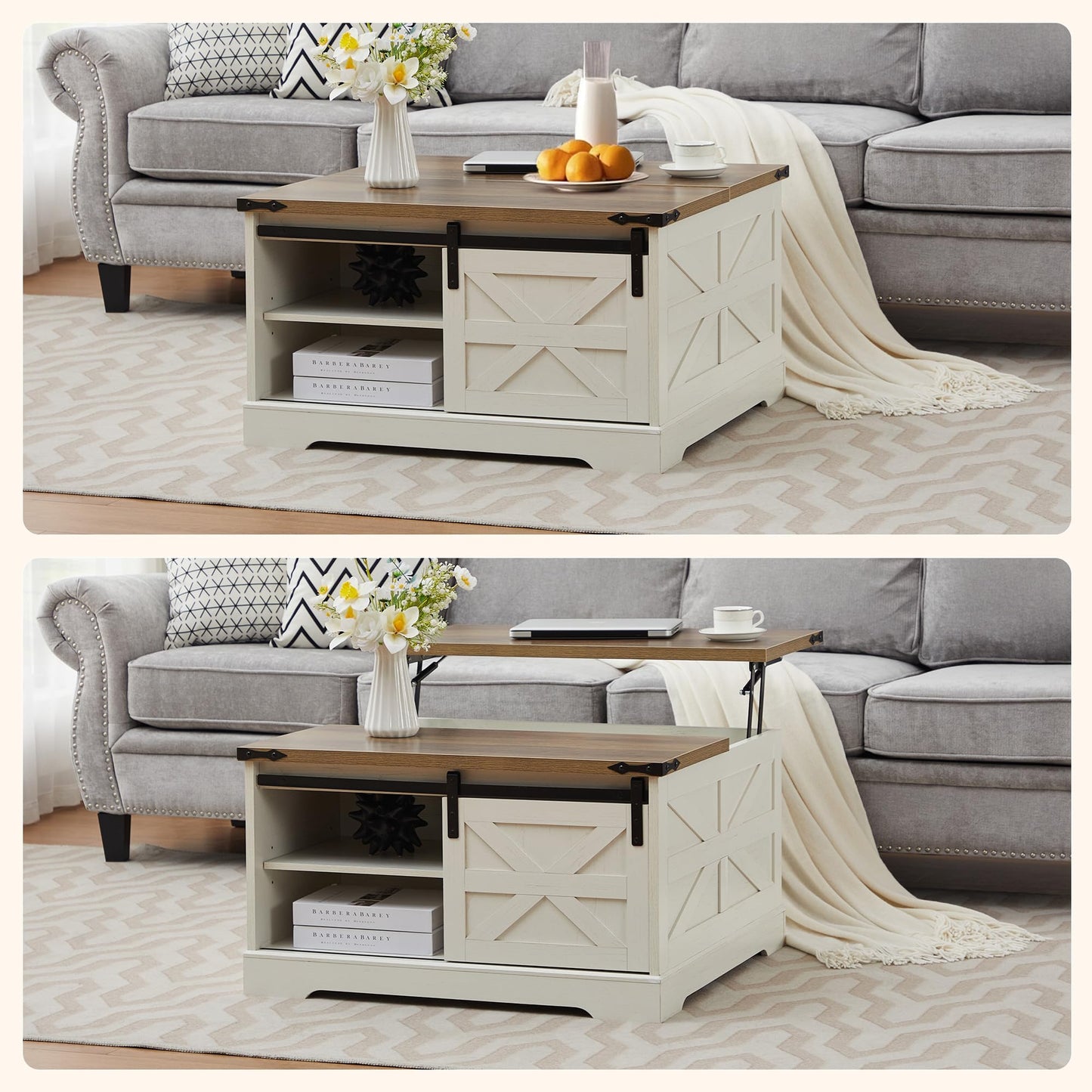 Tltaroni Farmhouse Lift Top Coffee Table，Wood Square Coffee Table with Sliding Barn Door and Adjustable Shelf Rustic Center Table with Hidden Storage Compartment for Living Room