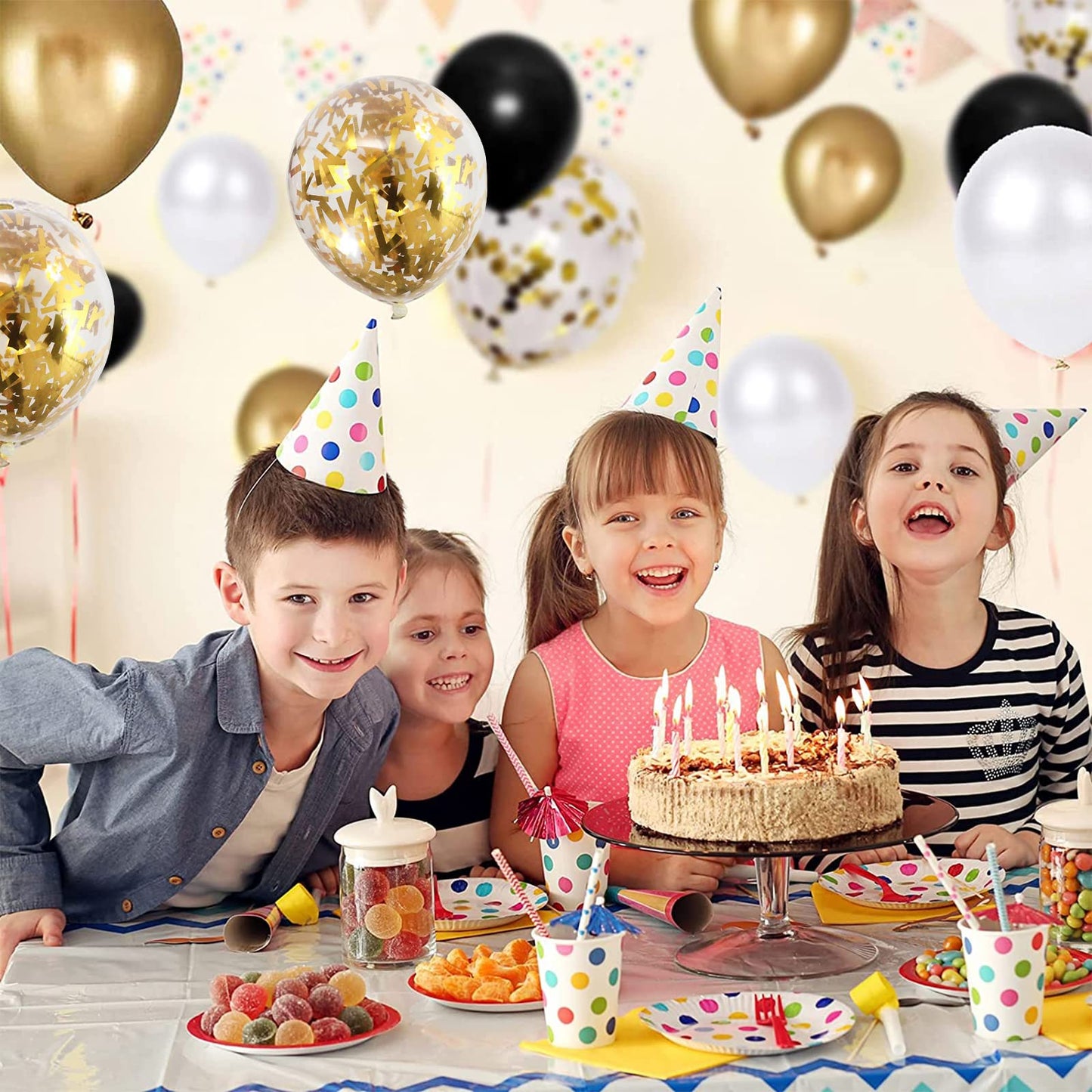 Balloons Black Gold, 60 Packs 12 Inch Black Metallic Chrome Gold Latex Balloons with Gold Confetti Balloon for Men Women Birthday Wedding Baby Shower Graduate Father's Day Anniversary Decorations