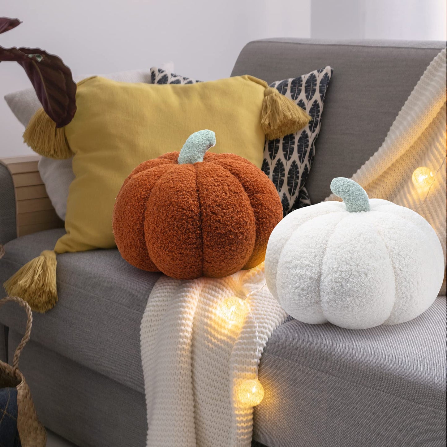 2 Pieces Simulated Pumpkin Pillow Plush Pillow 3D Pumpkin Shaped Pillow Cozy Fall Decorations Stuffed Throw Pillows for Thanksgiving Christmas Halloween Bedroom Sofa Couch Supplies (White, Brown)
