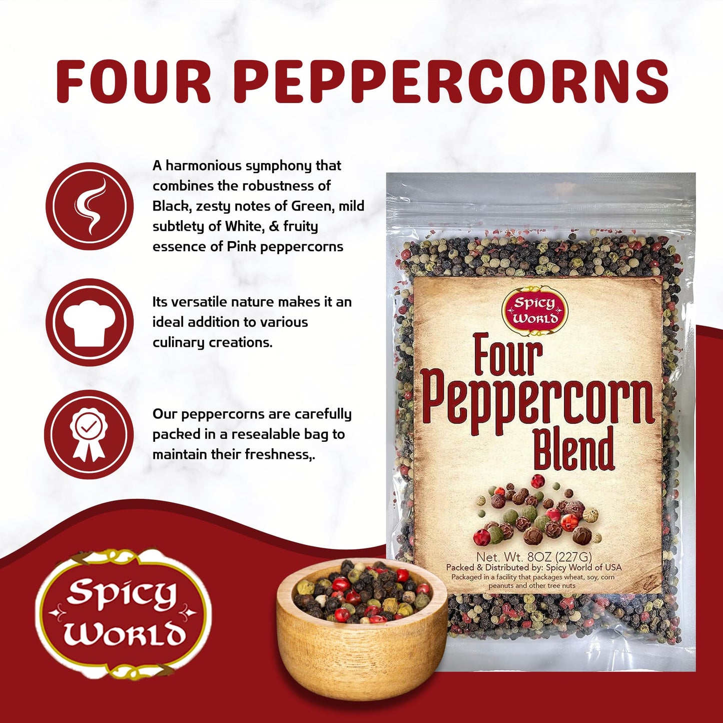 Spicy World Four Peppercorn Rainbow Blend in Resealable Bag – Perfect Flavor Blend - NON-GMO, Steam Sterilized - Whole Black, Whole Green, Whole White & Whole Pink Peppercorns, 8 Oz