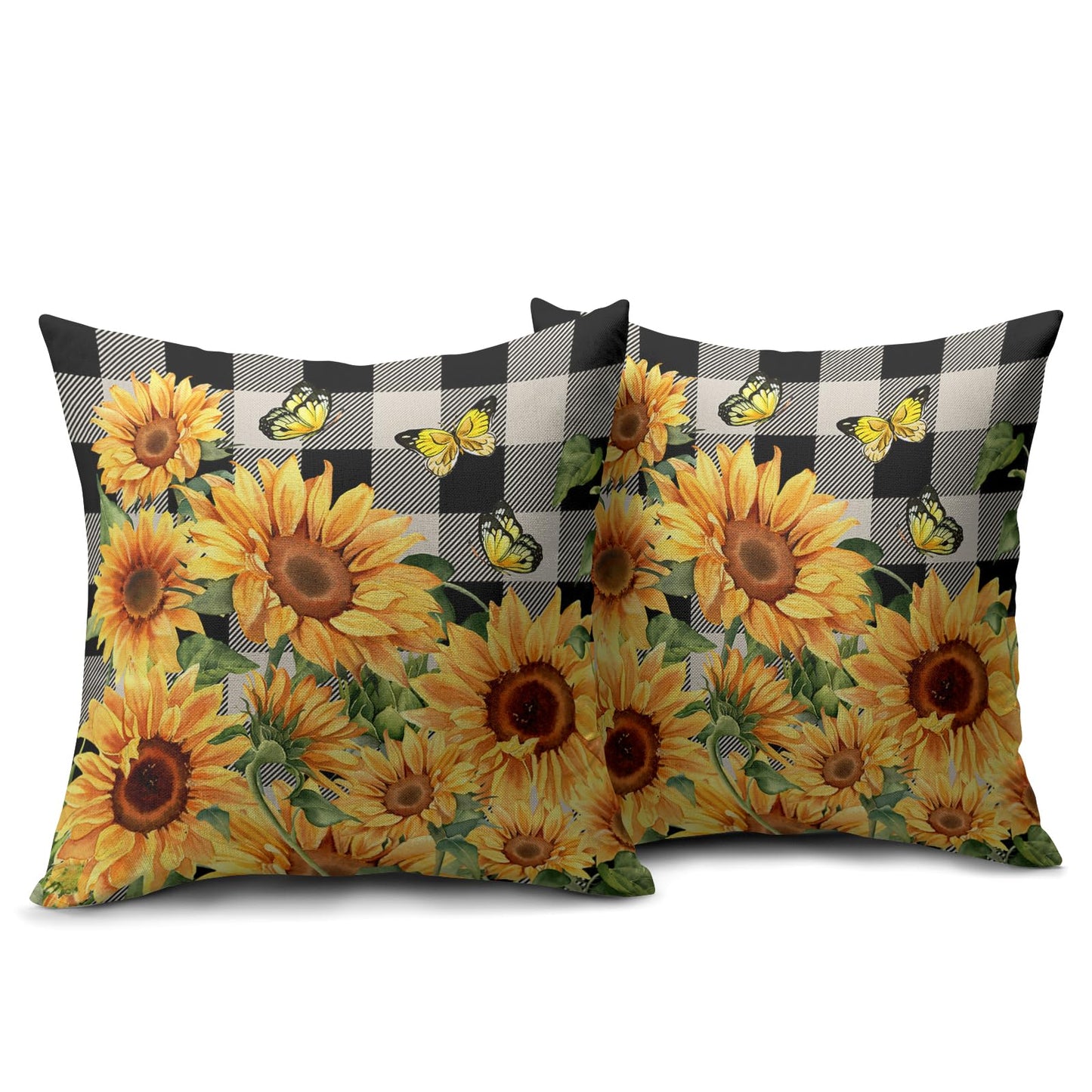 Sunflower Pillow Covers 18x18 Set of 2 Yellow Floral Butterfly Spring Summer Buffalo Plaid Outdoor Decorative Throw Pillows Farmhouse Pillowcases Linen Cushion Case Decor for Home Sofa Couch Bed