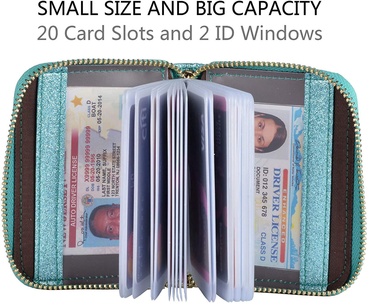 YUHAN PRETTY Womens Credit Card Holder Wallet RFID Leather Small ID Card Case (20 Card Slots - Glitter Teal)