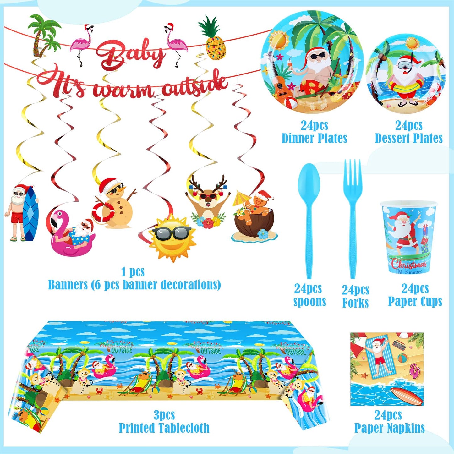 Teenyyou 148 Pcs Summer Christmas Decoration Summer Party Supplies with Disposable Tablecloths Plates Cups Napkins Forks Spoons Banners for Christmas Pool Party Favors
