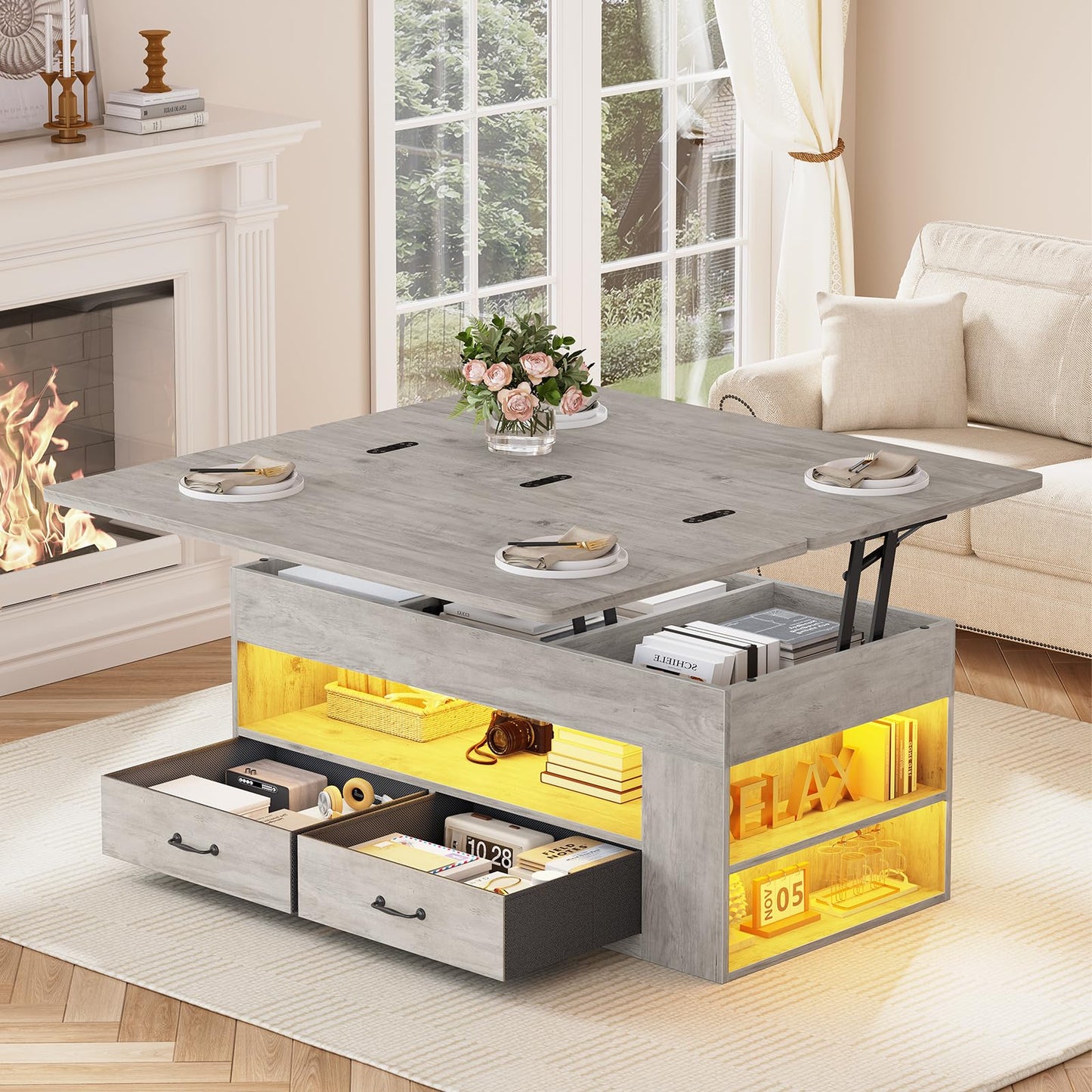 Itaar Lift Top Coffee Table, 4 in 1 Coffee Tables with Storage and Hidden Compartment, Farmhouse Coffee Table with 2 Fabric Drawers & LED Light for Living Room, Grey Oak
