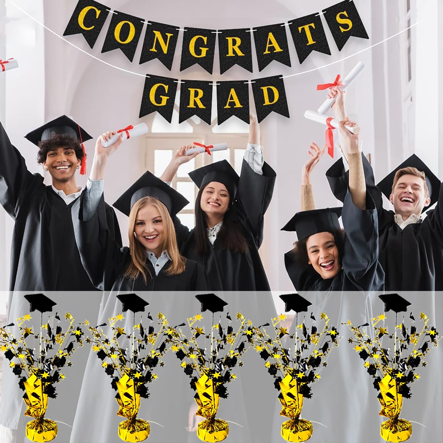 FUBININA 6 Pack 2025 Graduation Table Centerpiece Party Decoration Metallic Foil Spray Glitter Graduate Cap Decor Star Table Top for Graduation Parties Grad Ceremonies Party Favor, Black and Gold