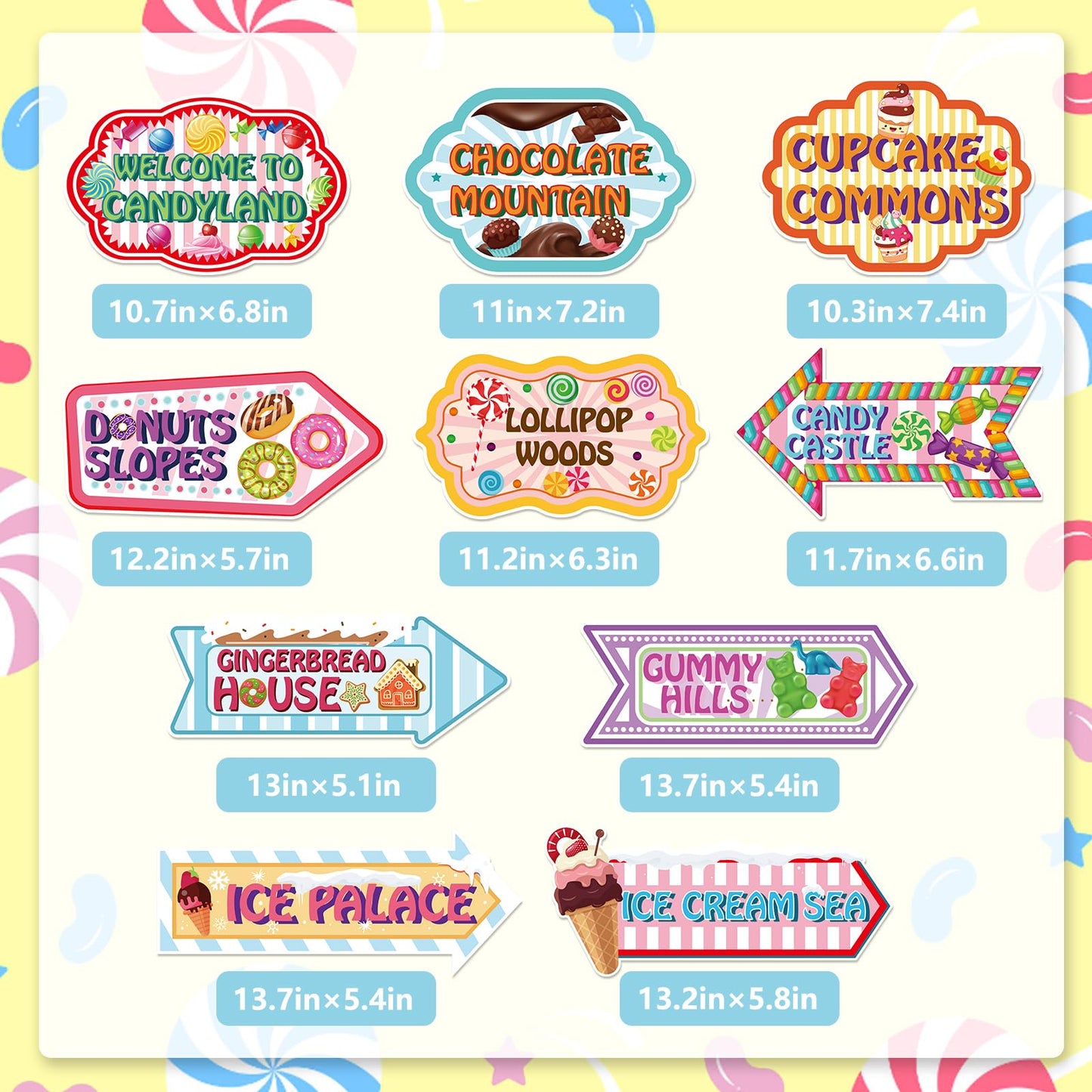 KALEFO Candyland Party Decorations Candy Land Sign Welcome Birthday Decor Directional Street Arrow Signs for Kids Sweet Theme Supplies(10 Pcs)