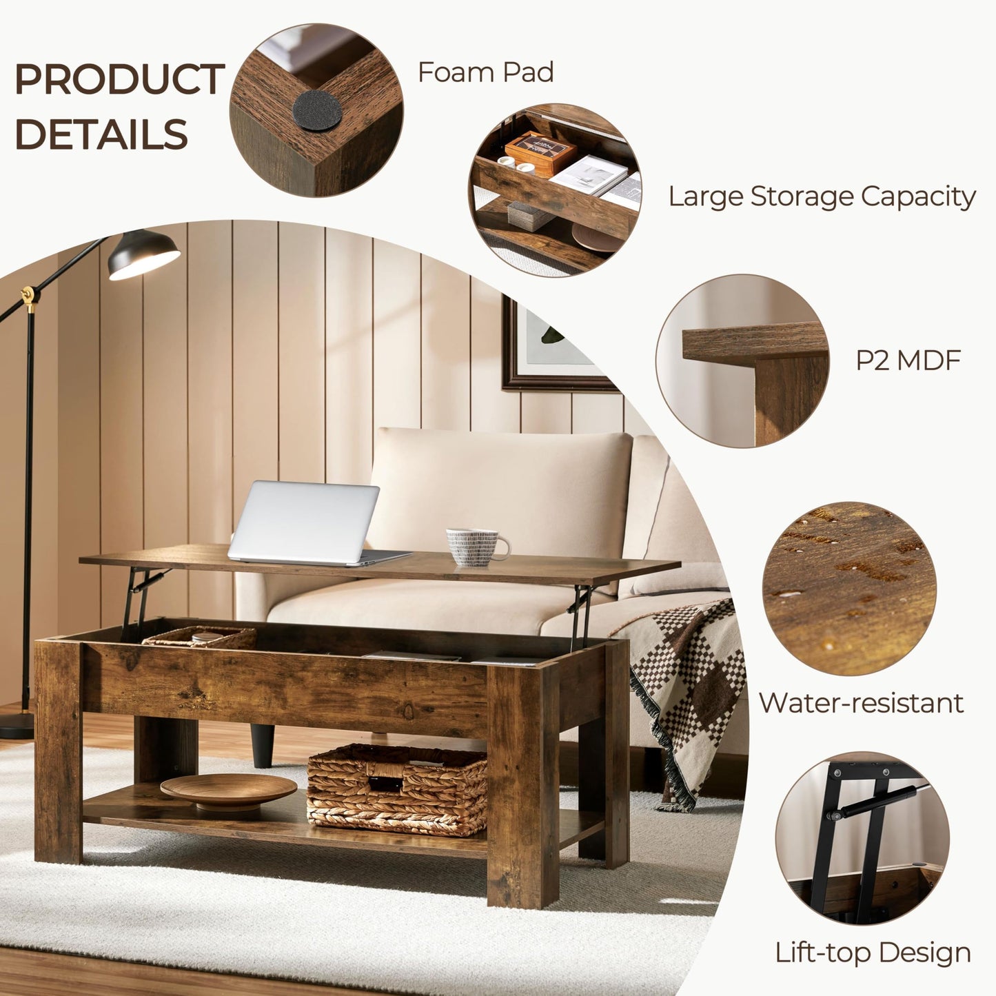 Yaheetech Coffee Table, 47.5in Lift top Coffee Table with Hidden Compartment and Storage Shelf, Lift Tabletop Dining Table for Living Room Reception Room, Rustic Brown