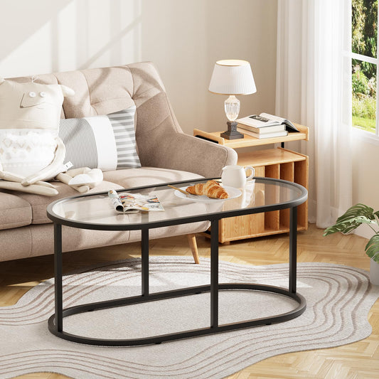 Wolawu Coffee Table Black Glass Coffee Tables for Living Room, Oval Table Center Table with Sturdy Metal Frame,Modern Tempered Glass Accent Tables for Bedroom Home Office