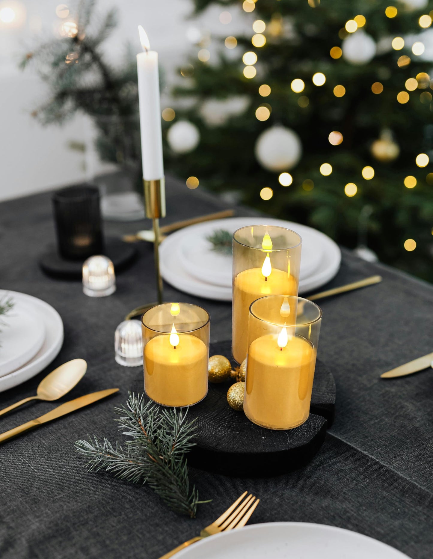 NICEME Amber Flickering Flameless Candles, Battery Operated Acrylic LED Pillar Candles with Remote Control and Timer Flameless Halloween Candles for Christmas New Year Home Decor, Set of 5