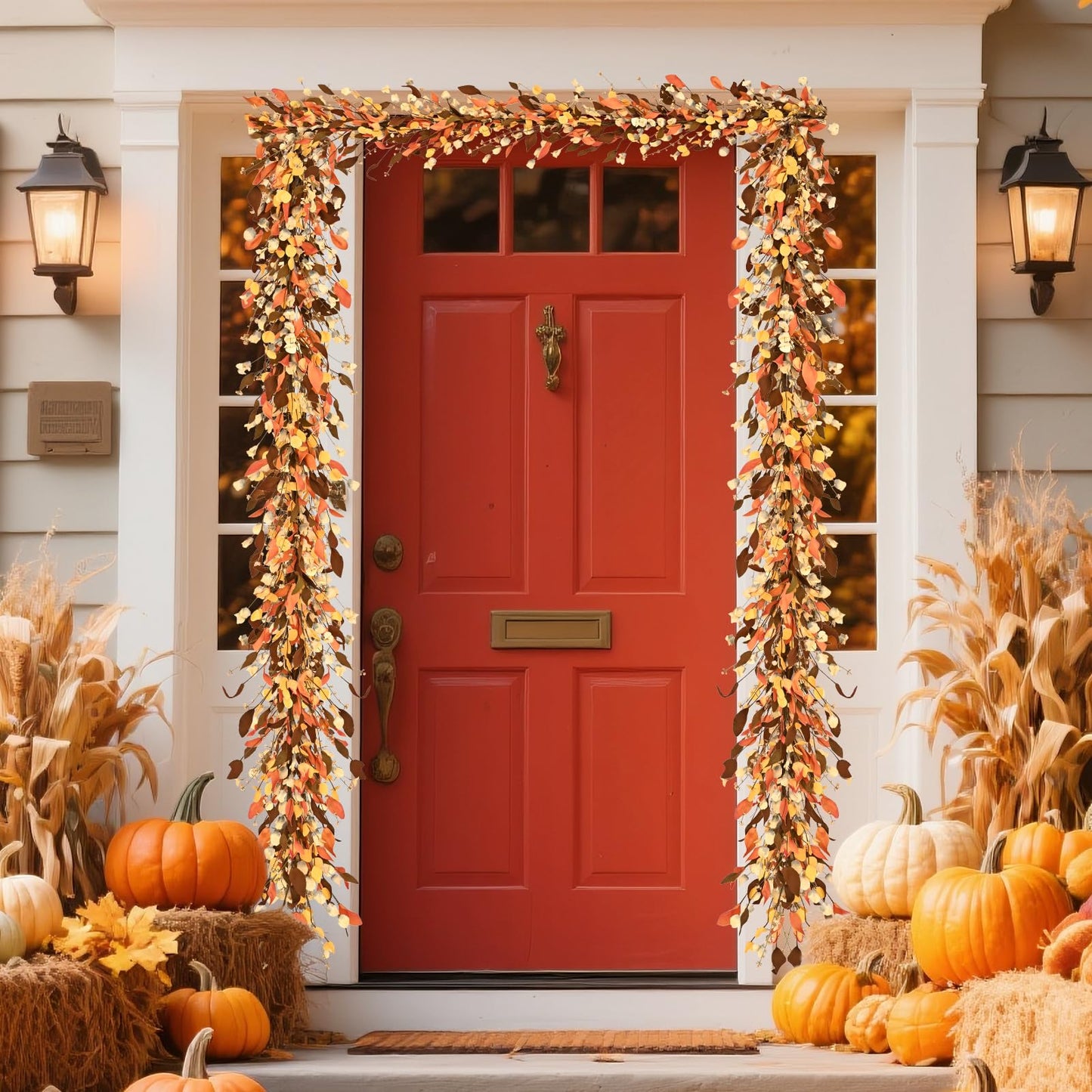 Waipfaru Fall Decor, Fall Garland with Lights, 6FT Autumn Eucalyptus Leaves Lighted Garland Thanksgiving Harvest Festival Decorations for Home Mantle Porch Outdoor Indoor Wedding Table Wall Arch