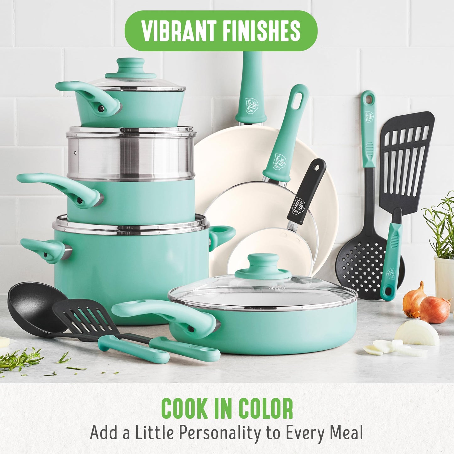 GreenLife Soft Grip 16 Piece Cookware Set, Non-Toxic PFAS-Free Ceramic Nonstick, Pots, Frying, Sauce, Saute, Glass Lids, Stay-Cool Handles, Wobble Free Bases, Dishwasher & Oven Safe, Turquoise