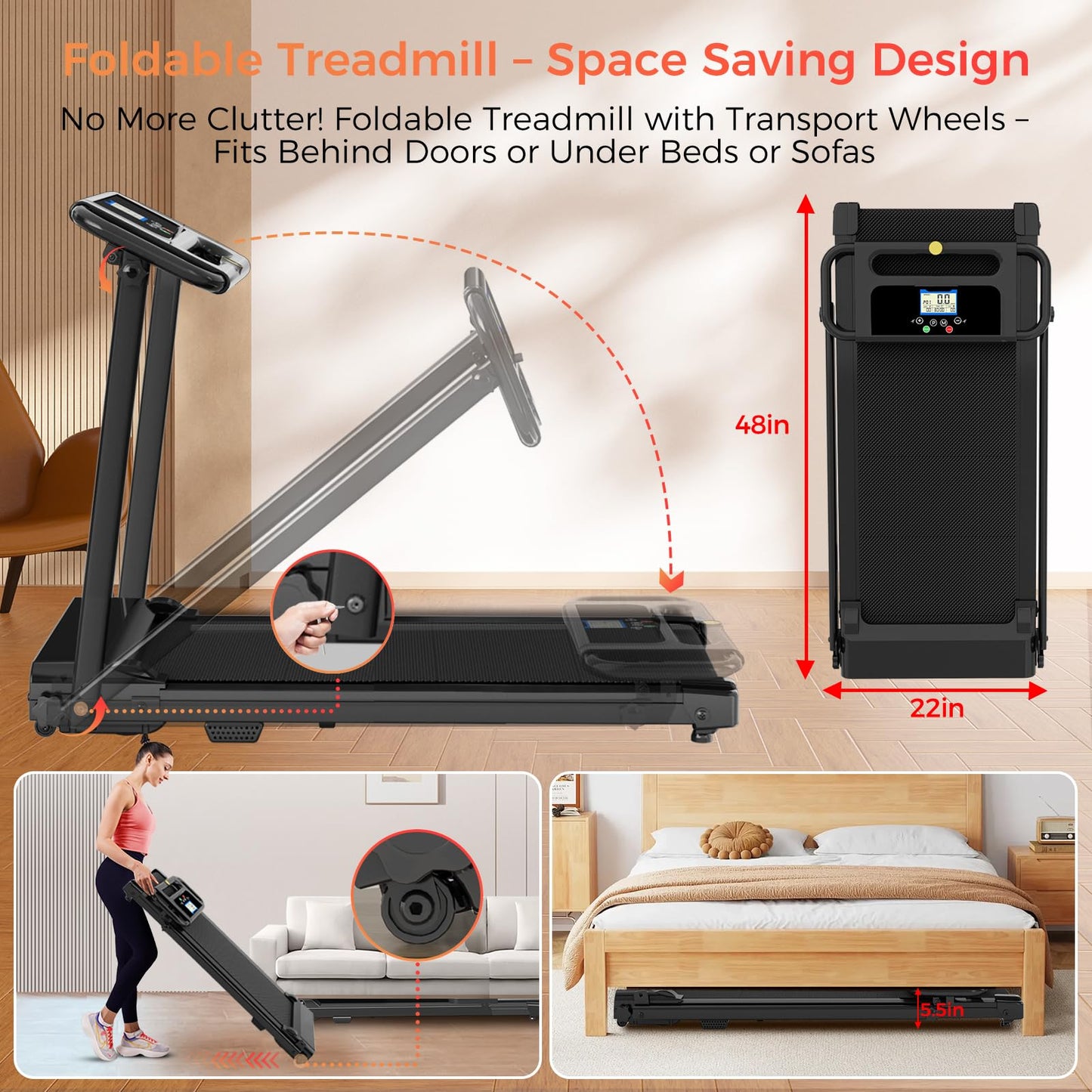 Portable Treadmill with Handle, 3.0HP Walking Pad Treadmill, Electric Compact Treadmills,Treadmills for Home Small Space with 12 Preset Programs, Walking Pad with Handle,300 LBS Capacity(Black)