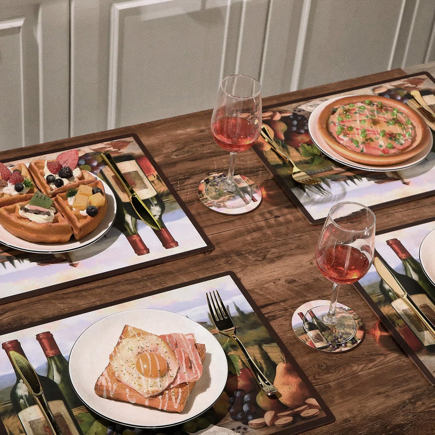 Tiangrid 8 Sets Cork Placemats with Coasters Include Wine Cork Backing Table Mats and Round Coasters Placemats Set for Kitchen Dinner Table Setting Supplies, 12 x 16 Inch (Wine)