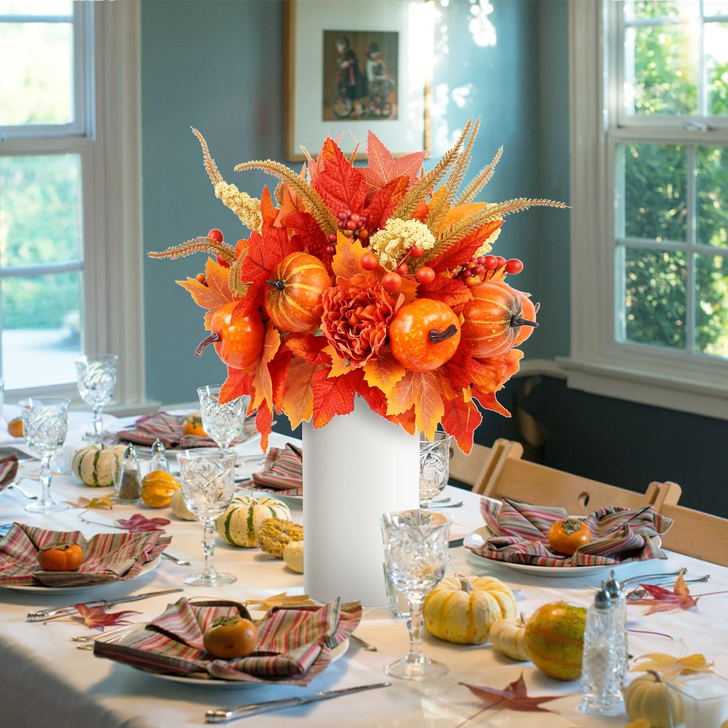 GOLUTYOK Fall Decor, 4PCS Artificial Autumn Pumpkin Berry Flower Maple Plant Stems Picks Vase Decorations, for Home Harvest Holiday Thanksgiving Indoor