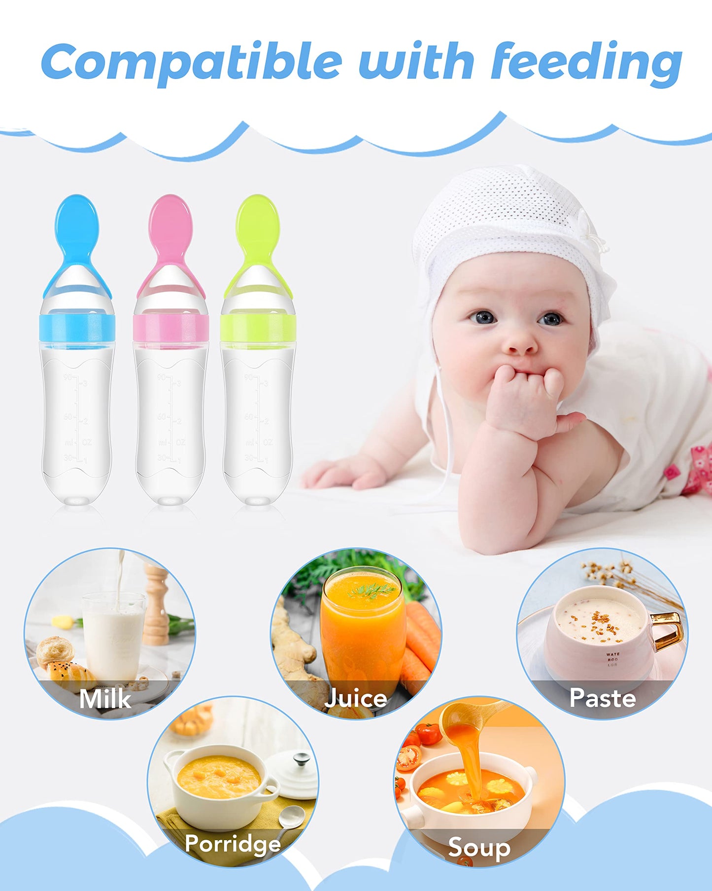 3 Pack Baby Food Feeder, 3 Oz Silicone Baby Feeder, 3 Colors Food Dispensing Spoon, Squeeze Spoon for Boys Girl Kids Toddlers