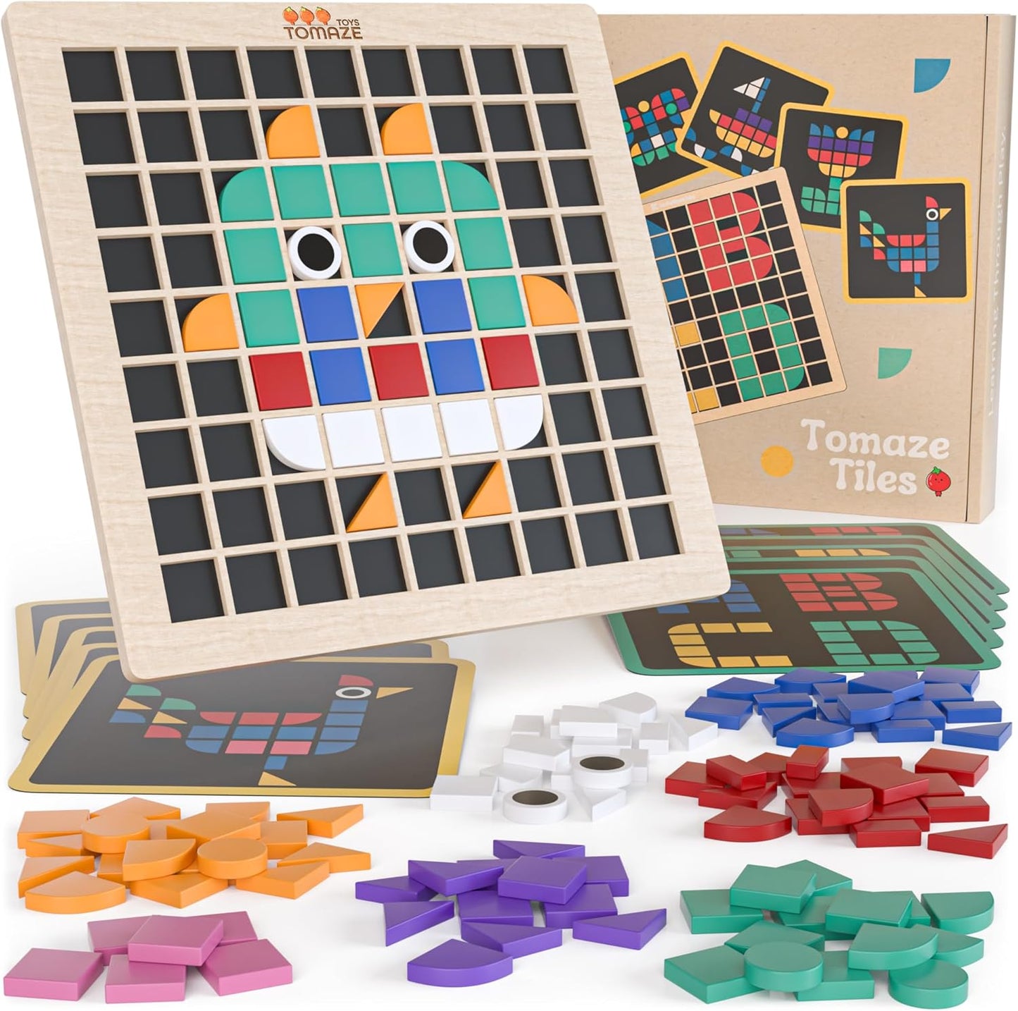 Tomaze Montessori Mosaic Tinker Tangram Set - Large Pixel Pattern Play Blocks, Wooden Grid Board, Educational STEM Puzzle for Learning Letters, Shapes - Safe & Easy To Grasp - Toy Gift for Kids Age 4+