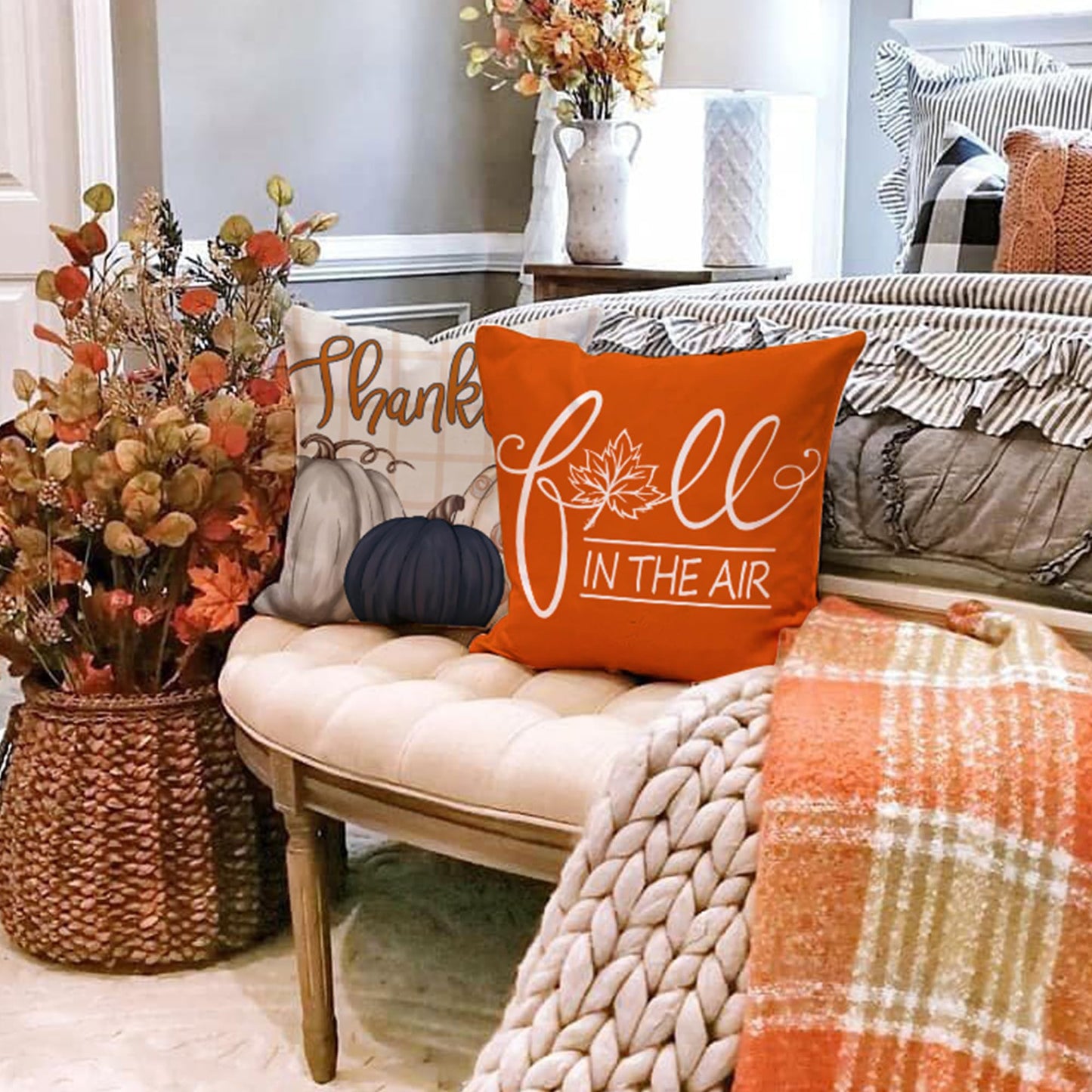 DFXSZ Fall Pillow Covers 18x18 inch Set of 4 Buffalo Plaid Fall Blue Pumpkin Throw Pillow Cover Autumn Thanksgiving Decoration for Home Couch Bed