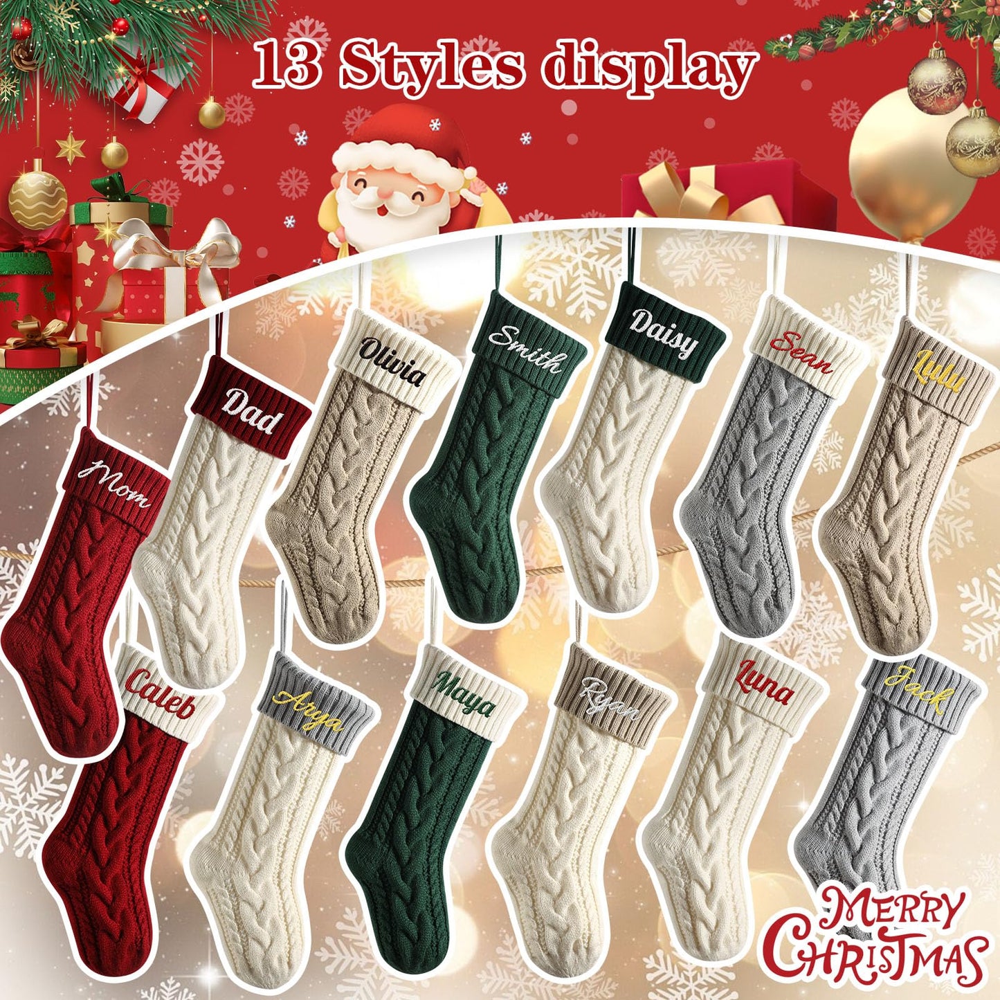 Personalized Christmas Stockings, 18” Large Custom Stockings with Embroidered Name, 1 Pack Knitted Xmas Stocking for Kids,Holiday and Family Stocking for Fireplace Christmas Party Decoration (A)