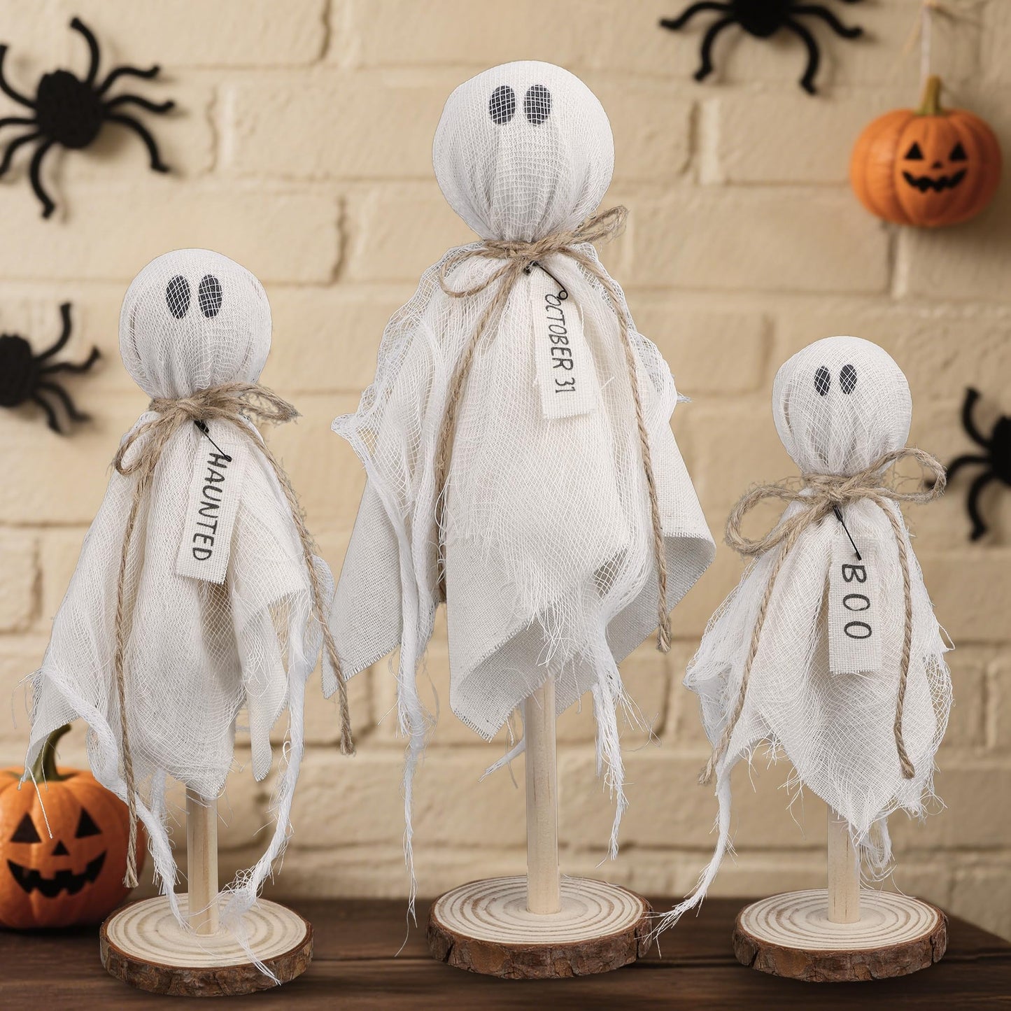 DR.DUDU 3 Pack Halloween Ghost Decor - Primitive Wooden Ghost Kit for Table Centerpiece Indoor Decorations, Spooky Cute Ghosts for Farmhouse Shelf Mantel Kitchen Home & Office Decor