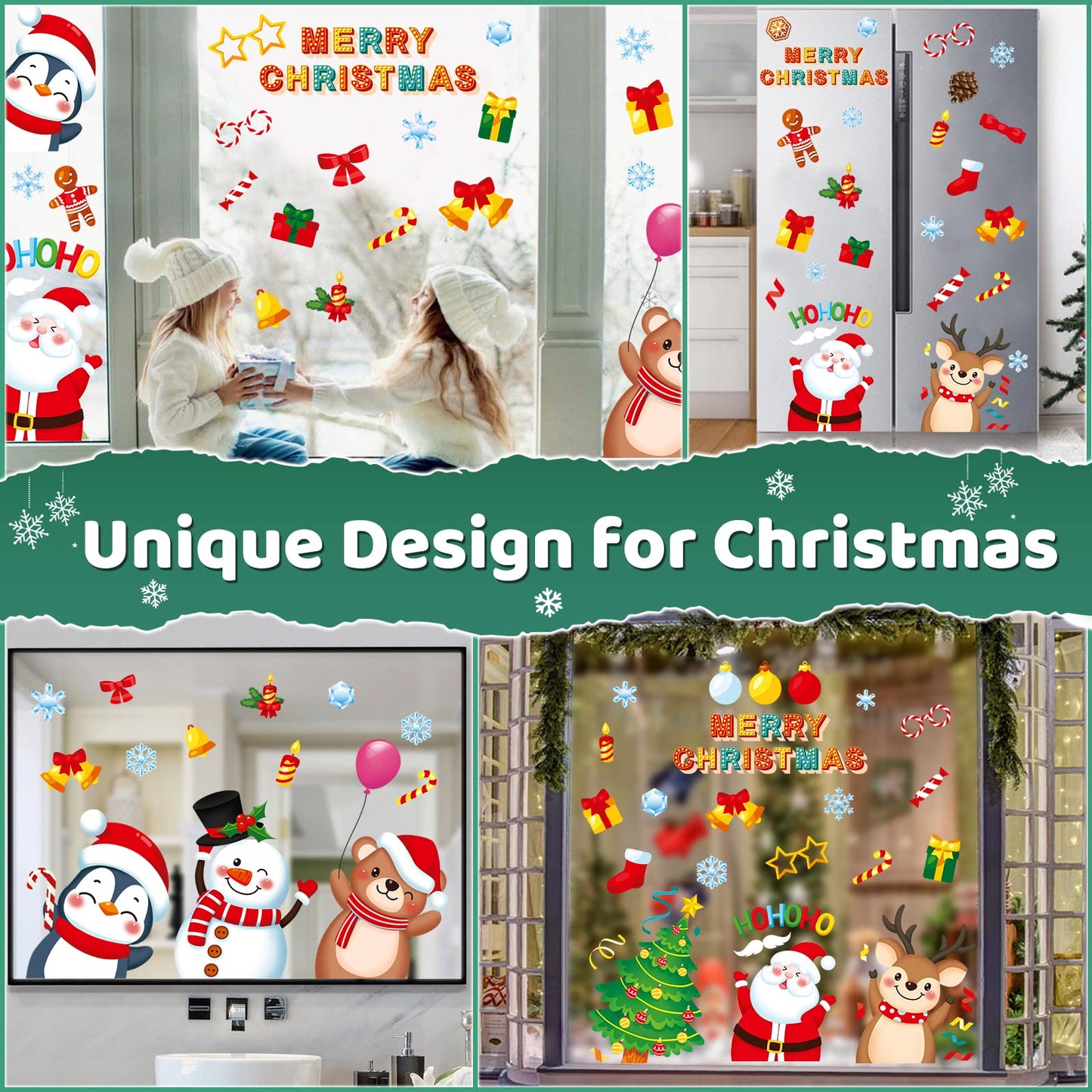 Christmas Window Clings 9 Sheets Christmas Window Stickers Santa Snowman Reindeer Xmas Snowflake Merry Christmas Window Clings, Double-Side Window Decals for Party Decorations Home School Glass