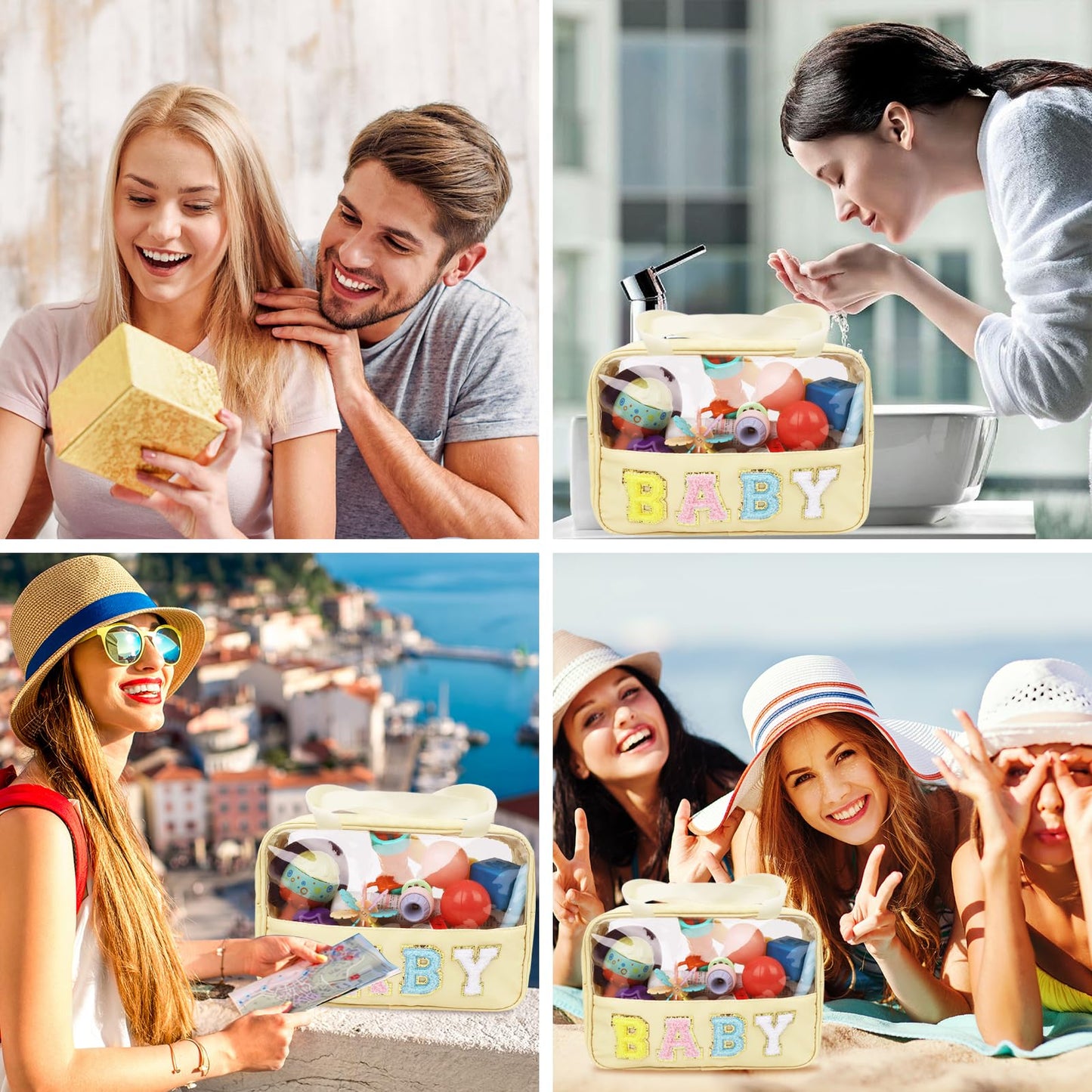 Iqimott Chenille Letter Patch Baby Bag, Preppy Clear Makeup Cosmetic Bag Large Toiletry Storage Tote Bag with Handle, Transparent Nylon Waterproof Organizer Zipper Pouch for Travel Women Girls(Beige)