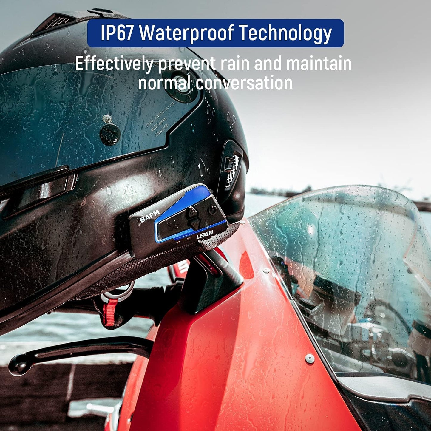 LEXIN B4FM Motorcycle Bluetooth Headset, 10 Riders Helmet Bluetooth Intercom, Universal IP67 Communication Systems with Music Sharing, Noise Cancellation, FM Radio, Fit for Snowmobile, 2 Pack