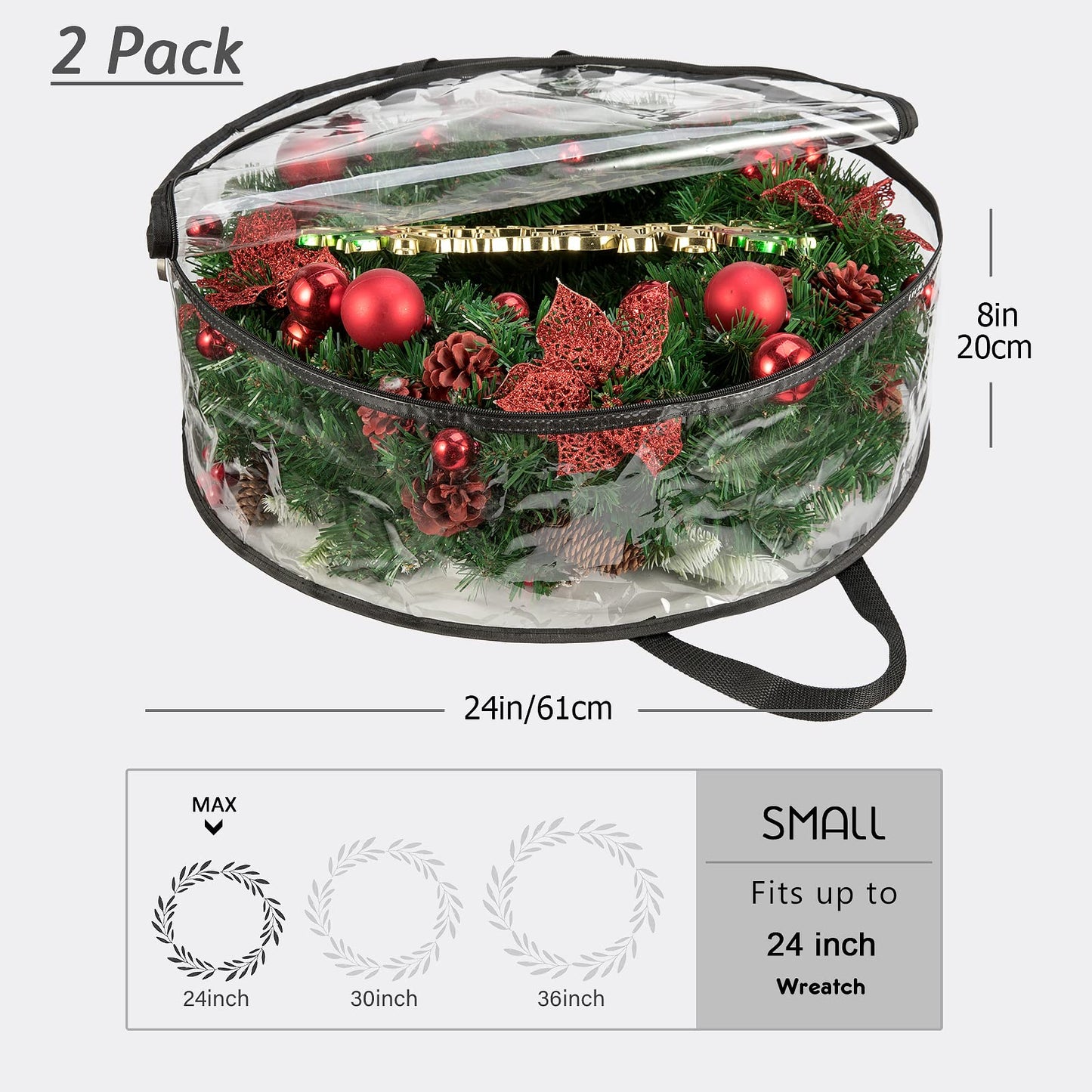 CINPIUK Clear Wreath Storage Bag 24 Inch, Christmas Container, Heavy Duty Protector With Handle for Holiday Seasonal Garland, 2Pcs