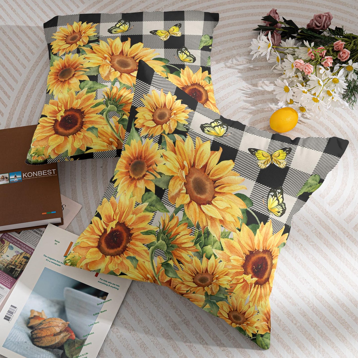 Sunflower Pillow Covers 18x18 Set of 2 Yellow Floral Butterfly Spring Summer Buffalo Plaid Outdoor Decorative Throw Pillows Farmhouse Pillowcases Linen Cushion Case Decor for Home Sofa Couch Bed