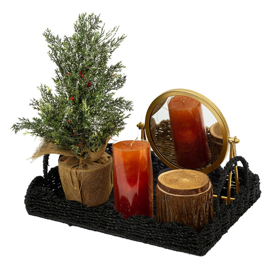 14" Handmade Wicker Tray with Scalloped Edge, Seagrass Basket with Handles, Decorative Boho Accent for Coffee Table or Ottoman, Holiday Serving