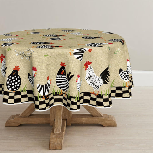 Horaldaily Rooster Rustic Country Tablecloth 70×70 Inch Round, Rooster Flax Washable Seasonal Table Cover for Party Picnic Dinner Decor