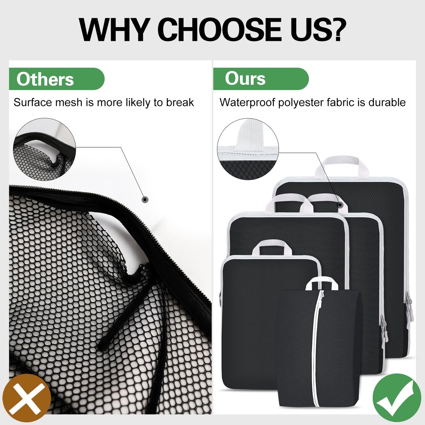 Compression Packing Cubes for Travel,Waterproof Packing Compression Cubes for Travel Packing Organizers,Luggage Cubes for Packing,Ultralight Expandable Packing Cubes Compression (Black 5 Pack)