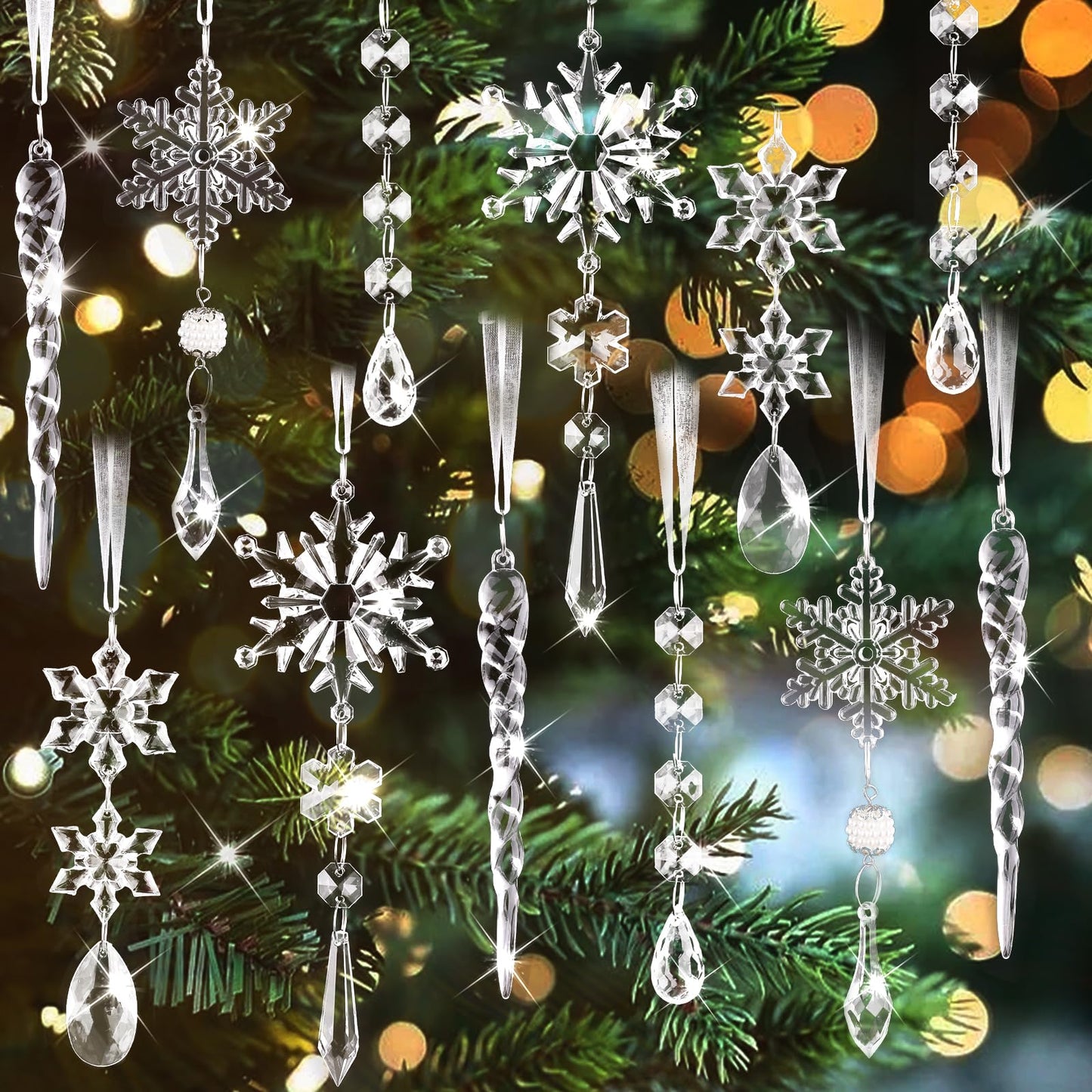 20Pcs Crystal Christmas Ornaments for Christmas Tree Decorations - Hanging Acrylic Christmas Snowflake Icicle Drop Ornaments for Xmas Tree, New Year Party, Winter Wonderland Party Supplies