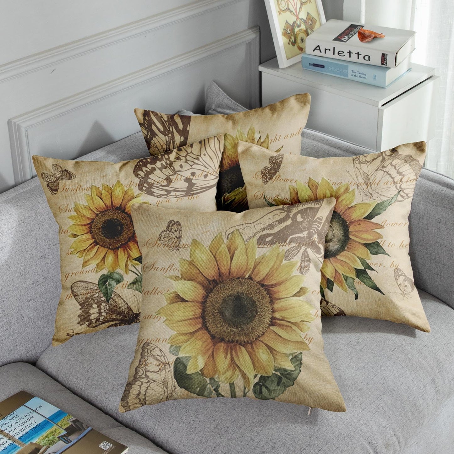 Sanwarm Throw Pillow Covers Home Decor Set of 4 Floral Sunflower Yellow Flower Green Pillow Cases Decorative 18 x 18 Inches Outdoor Cushion Couch Sofa Pillowcases