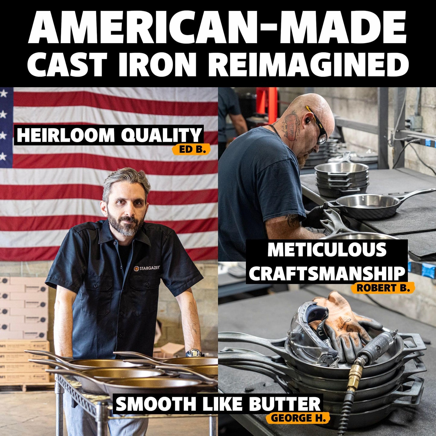 Stargazer 12-Inch Cast Iron Skillet | Made in USA, Seasoned, Premium Frying Pan for Grilling, Searing, Baking & More – Durable Cast Iron with Smooth Cooking Surface